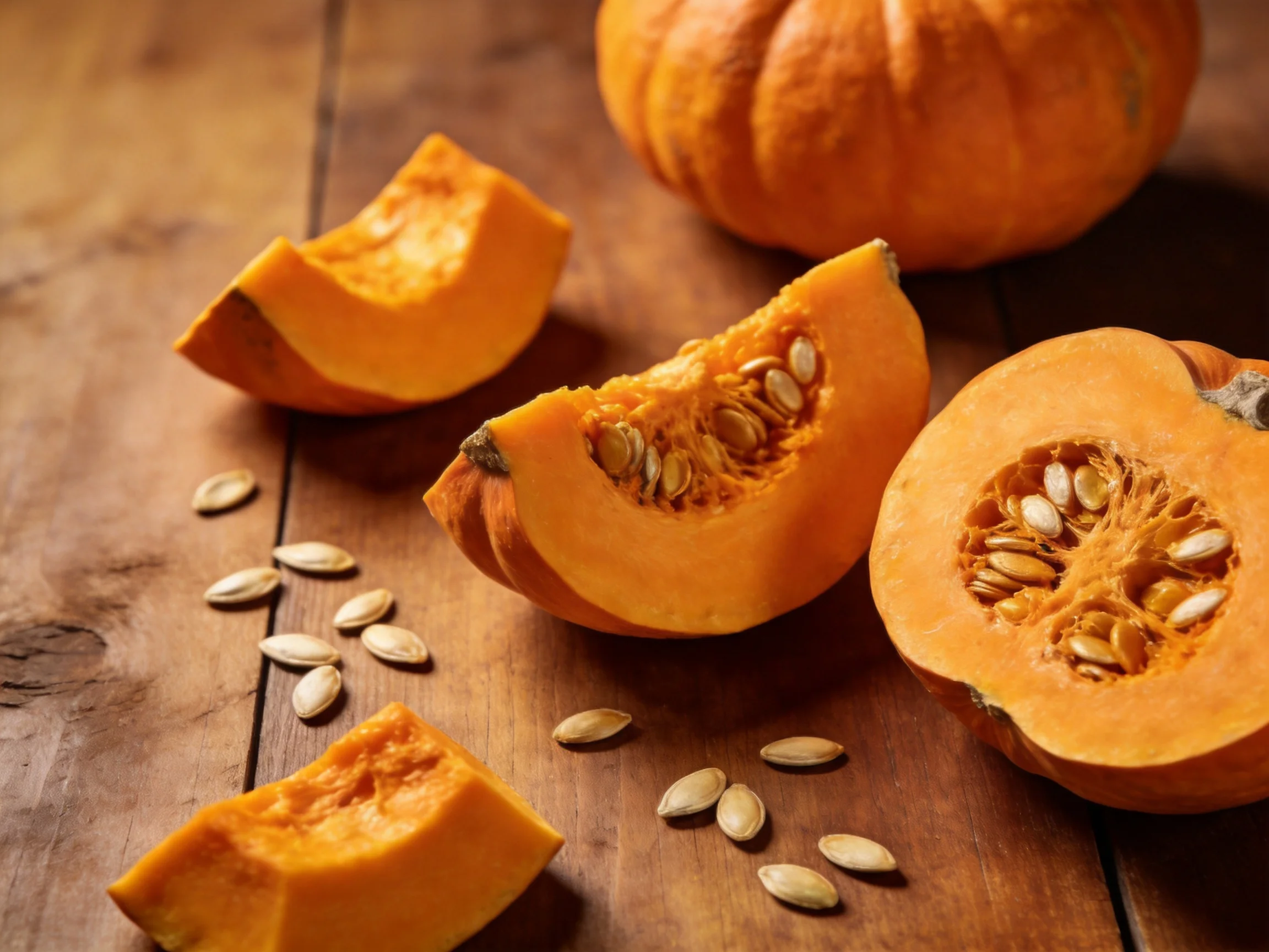 Freshly sliced orange pumpkins with seeds on rustic wooden surface