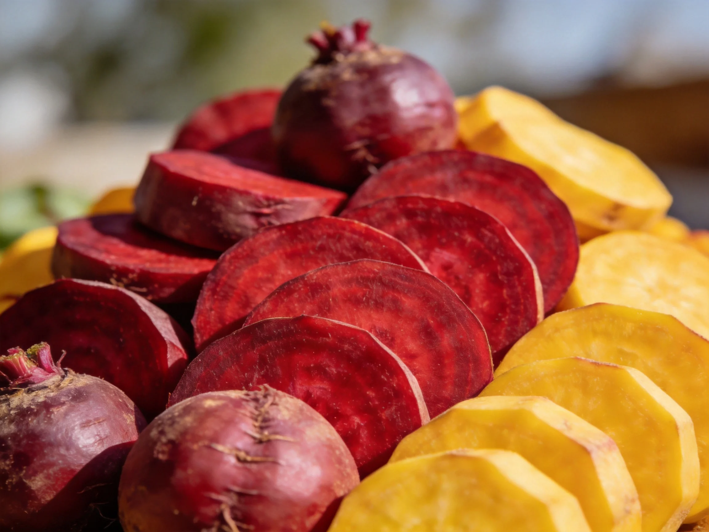 Freshly sliced red beets and yellow sweet potatoes displayed together