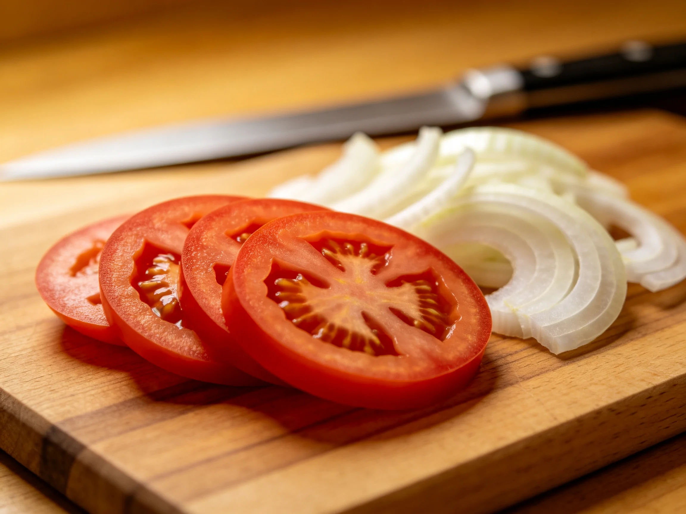 Sliced tomatoes and onion rings rest on a wooden cutting board beside a chefs knife.