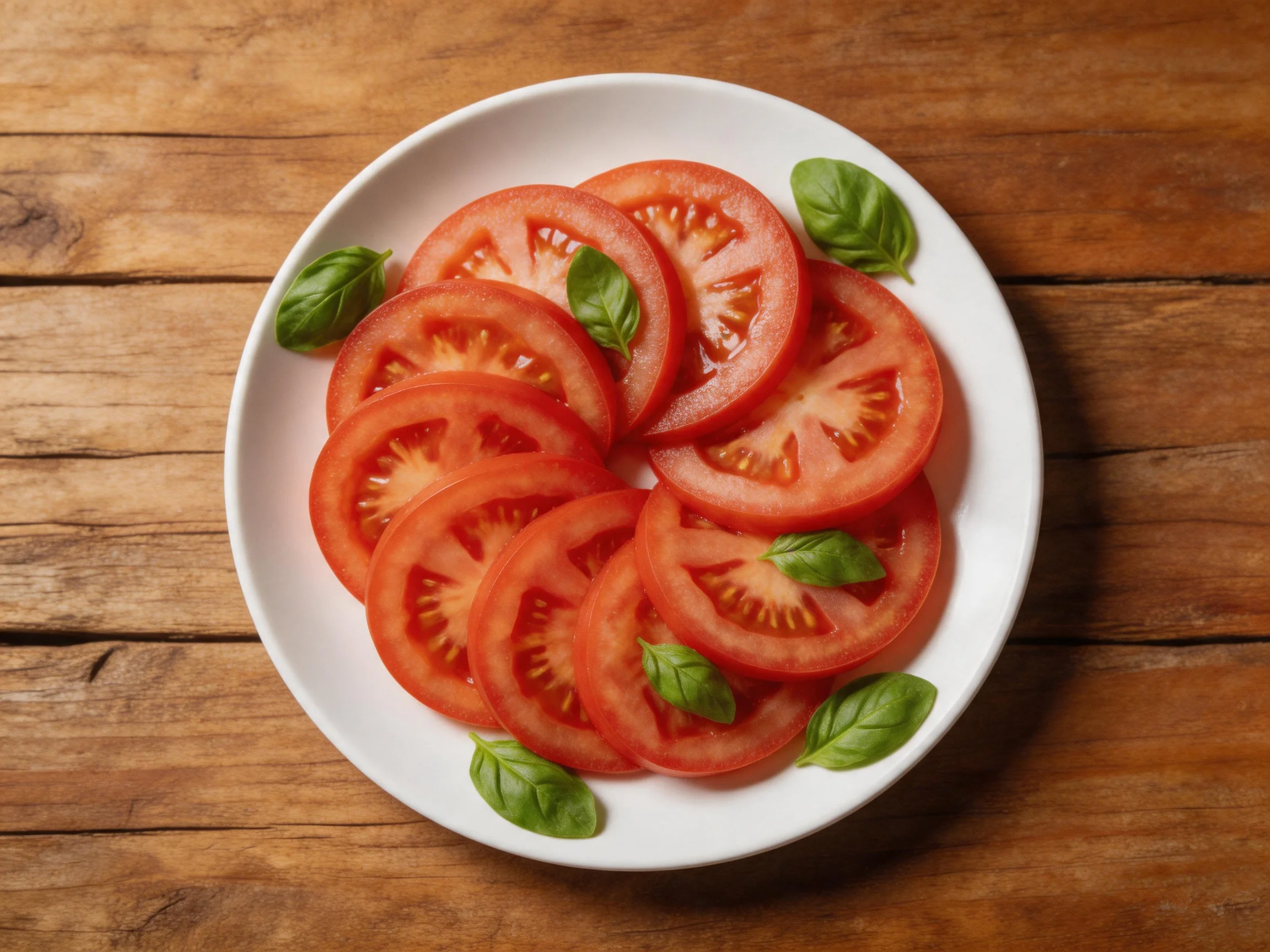 Freshly sliced red tomatoes with basil leaves on a white plate