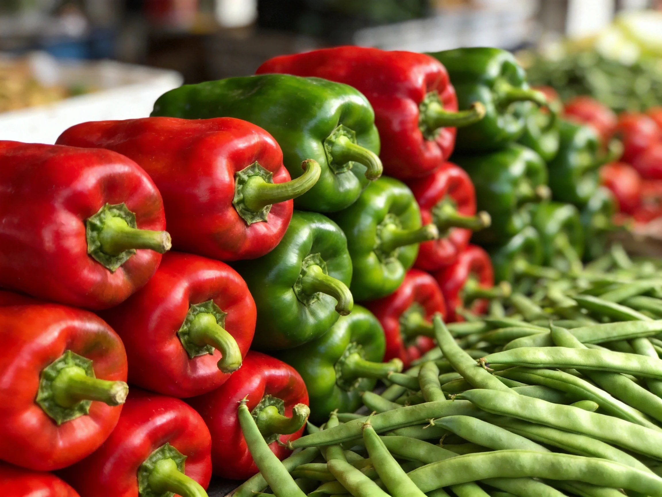 Freshly stacked red and green bell peppers adjacent to green beans