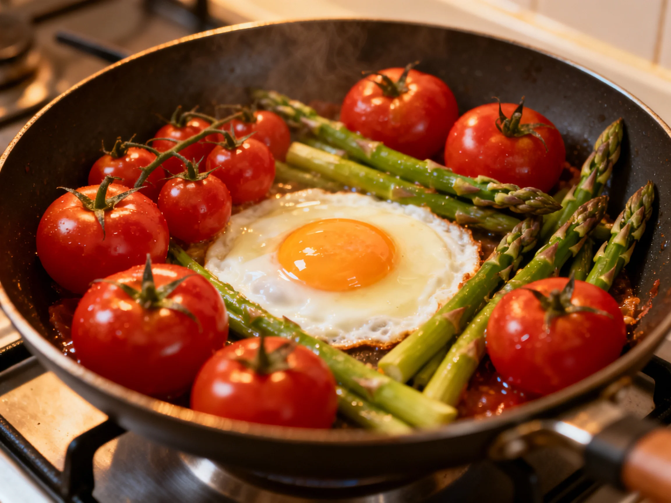 Fried egg, cherry tomatoes, and asparagus cooking together in a black skillet