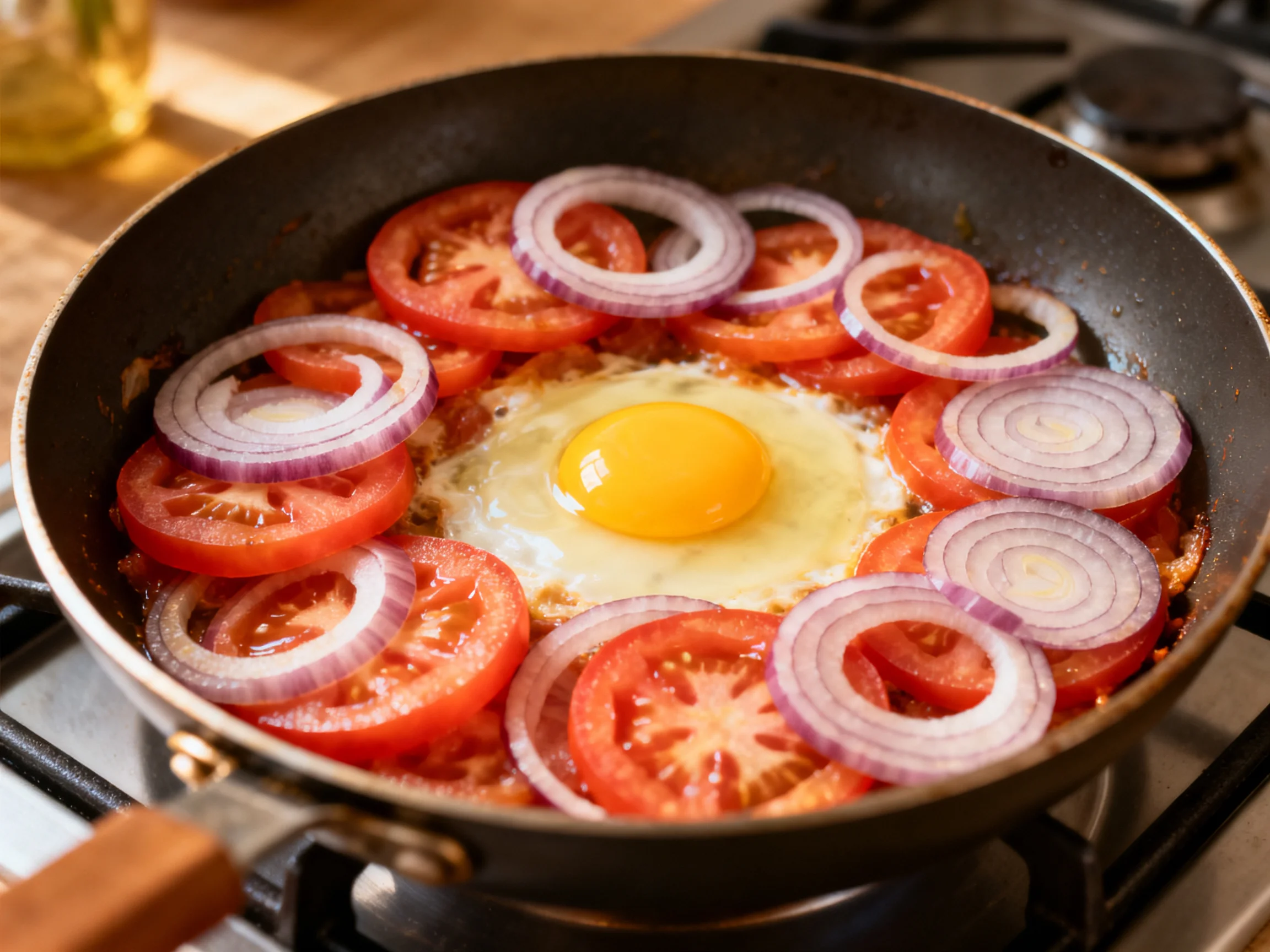 Fried egg with sliced tomatoes and red onion rings cooking in a black skillet