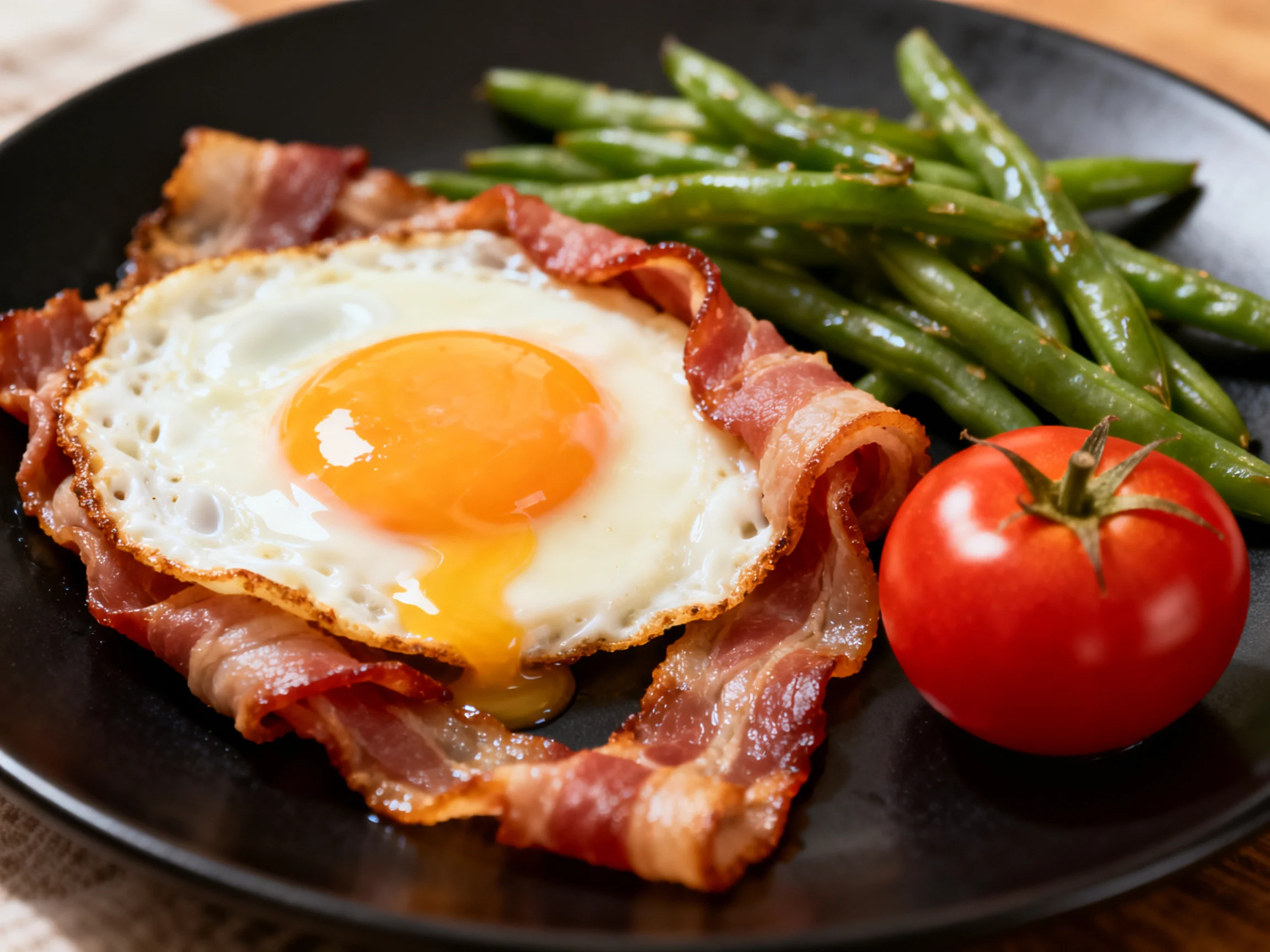 Fried egg wrapped in crispy bacon, green beans, and cherry tomato on a black plate