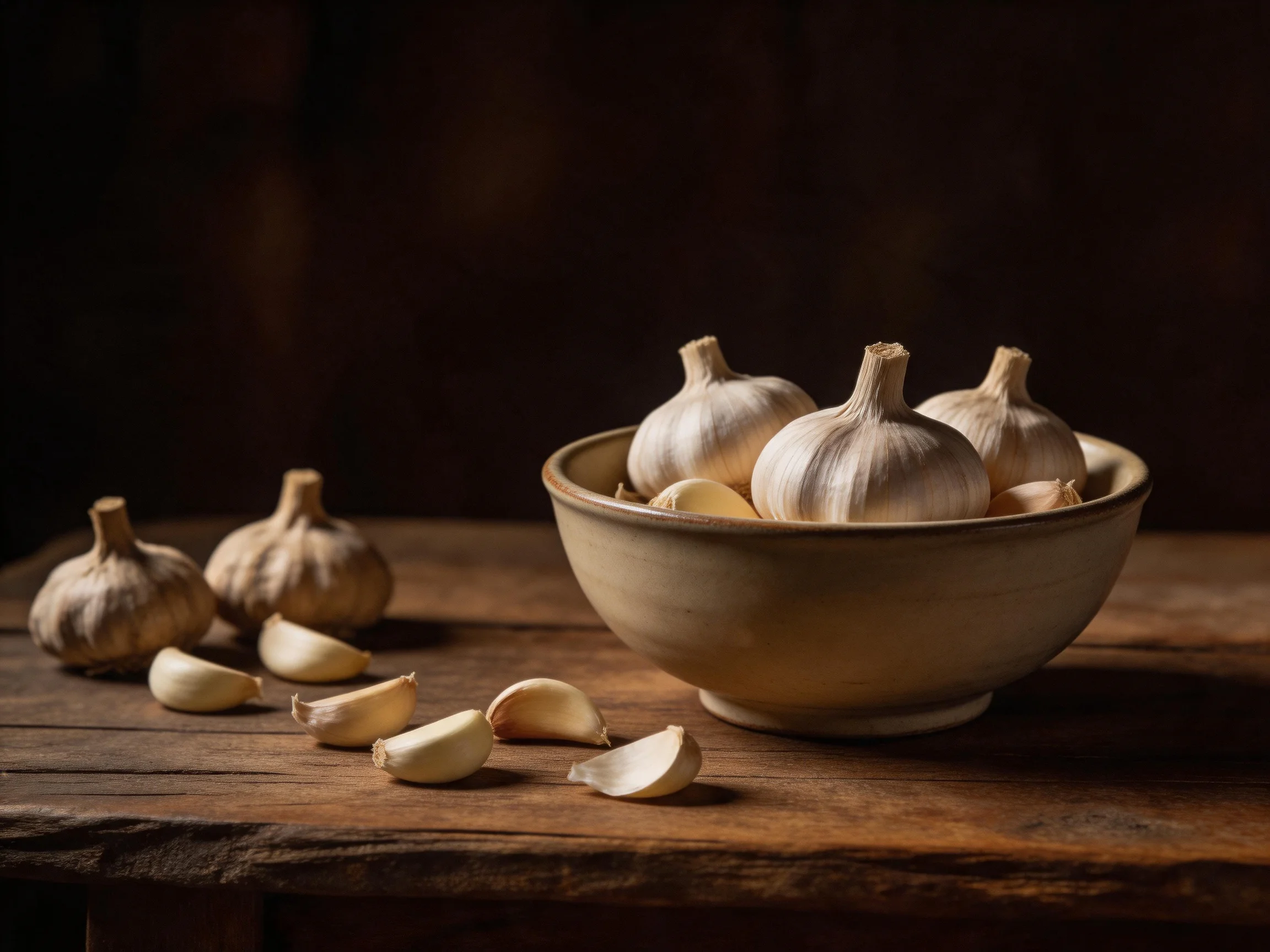 Garlic bulbs and cloves arranged on rustic wooden surface with ceramic bowl