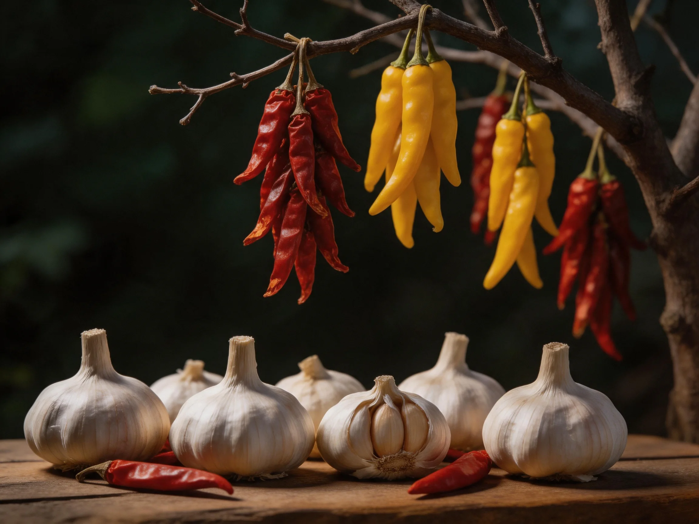 Garlic bulbs rest on a wooden surface beneath red and yellow chili peppers hanging from branches.