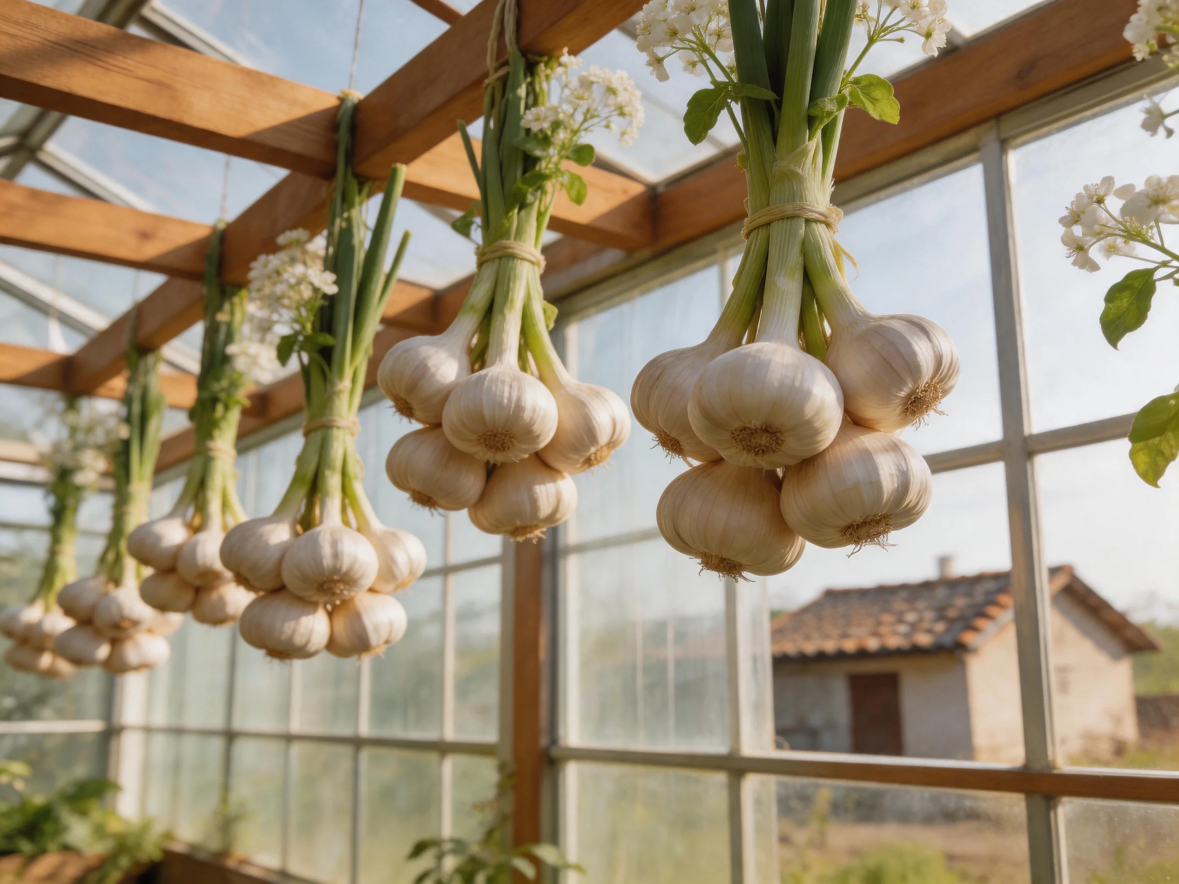 Garlic bundles hang from wooden beams in a sunlit greenhouse