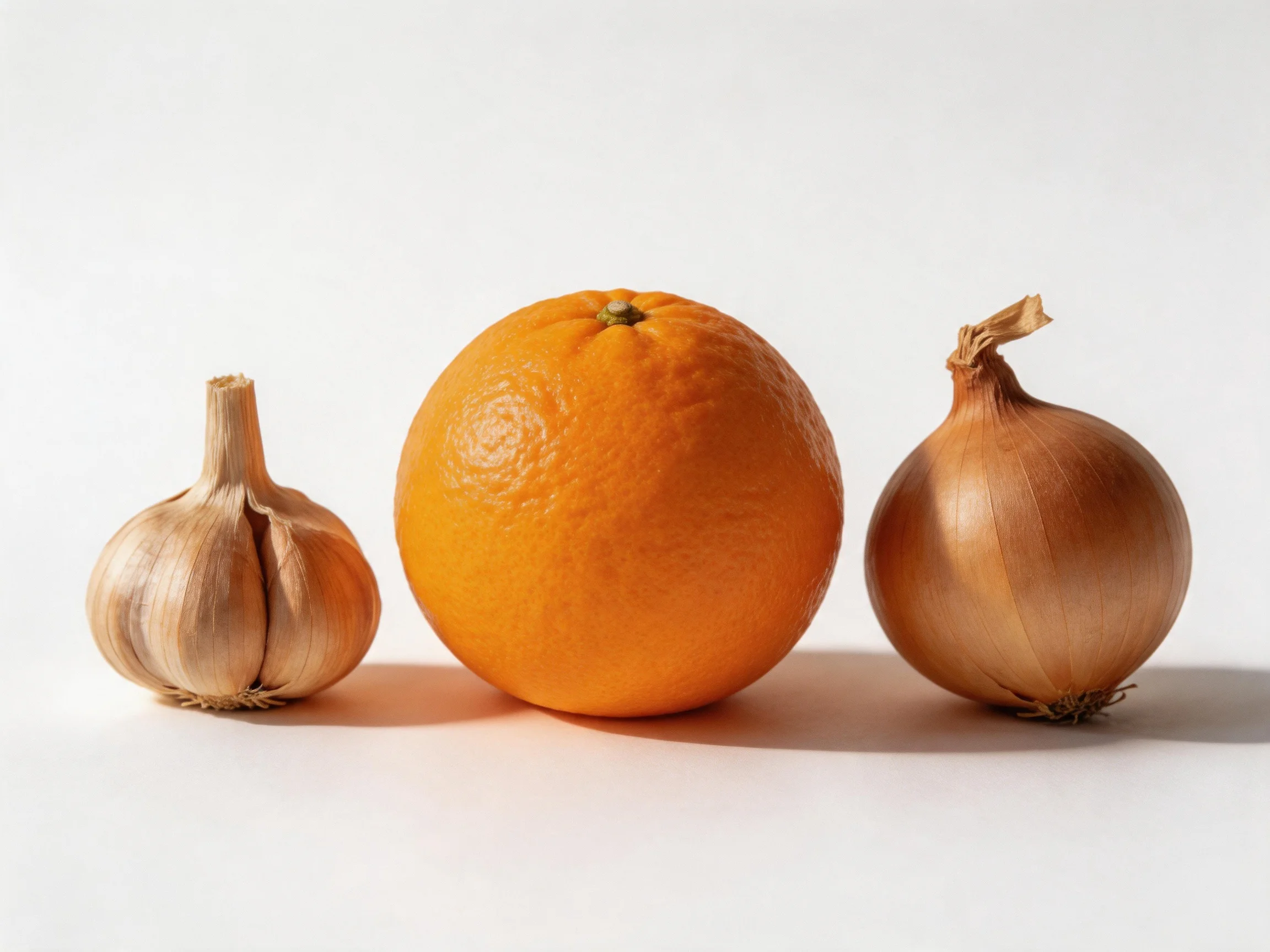 Garlic, orange, and onion arranged horizontally on a white surface