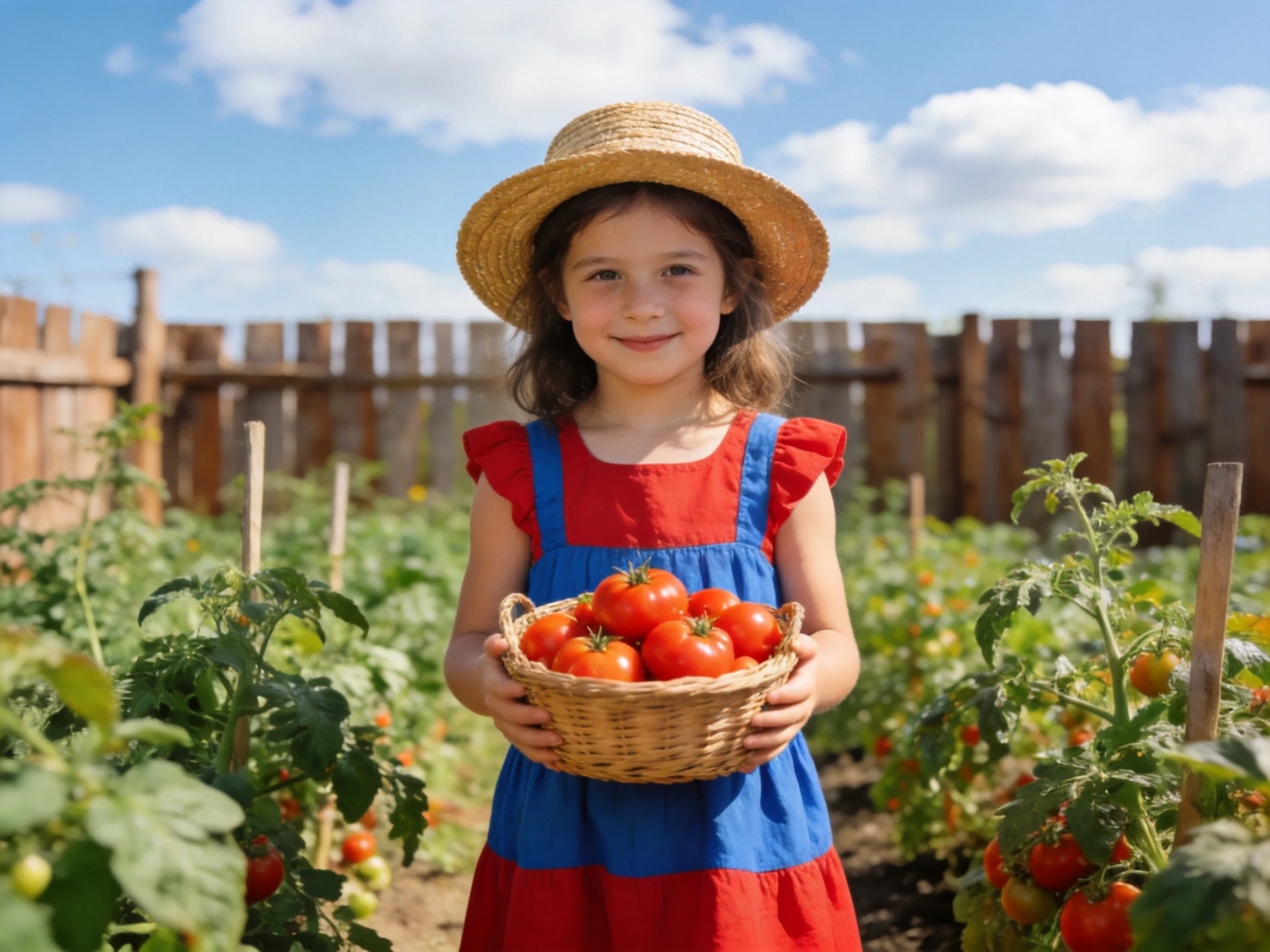 Girl in red and blue dress holds basket of tomatoes in sunny garden