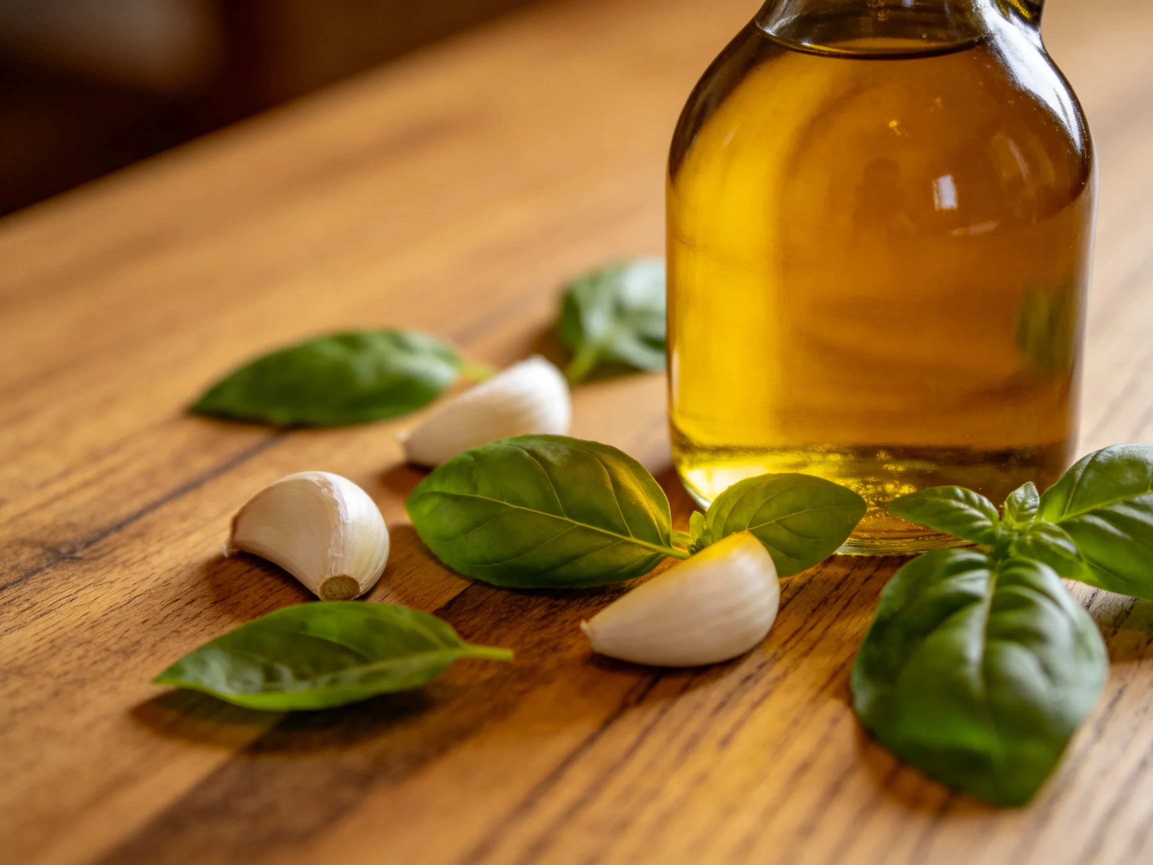 Glass bottle of golden olive oil, garlic cloves, and fresh basil leaves on a wooden surface