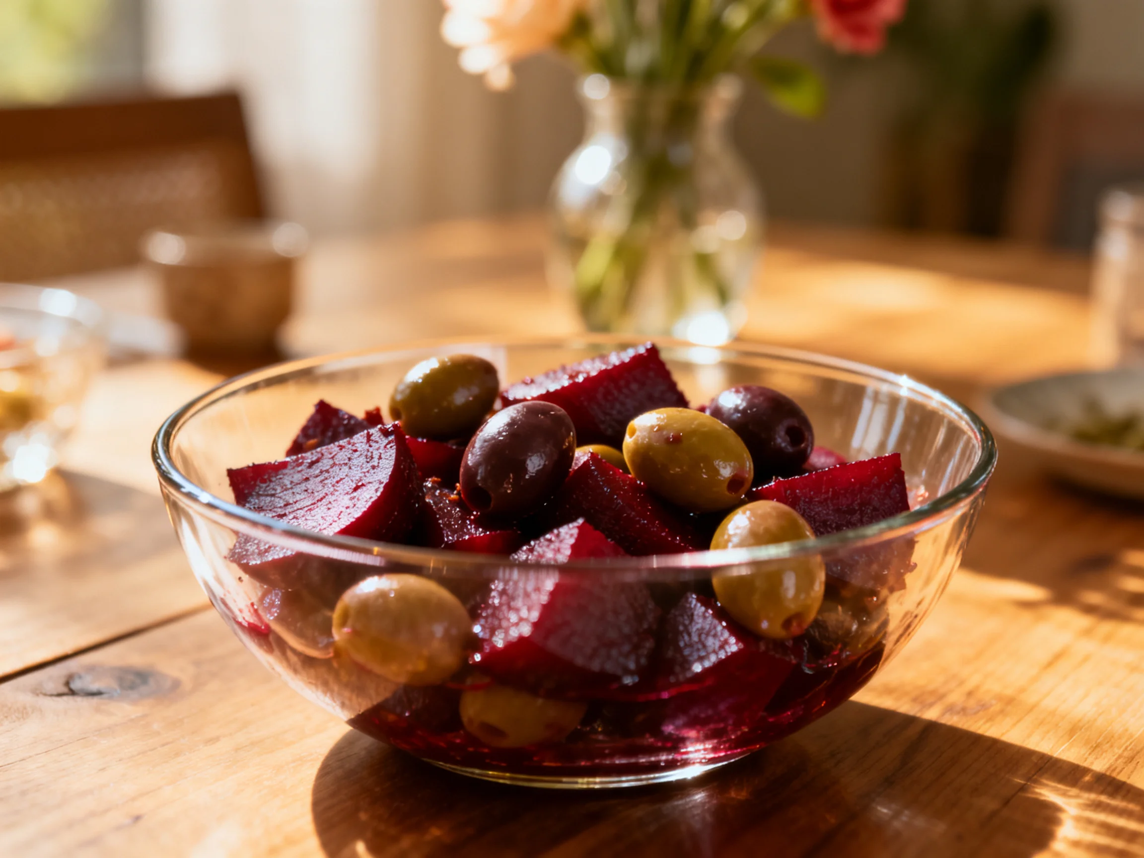 Glass bowl with beet cubes and assorted oliveson wooden table