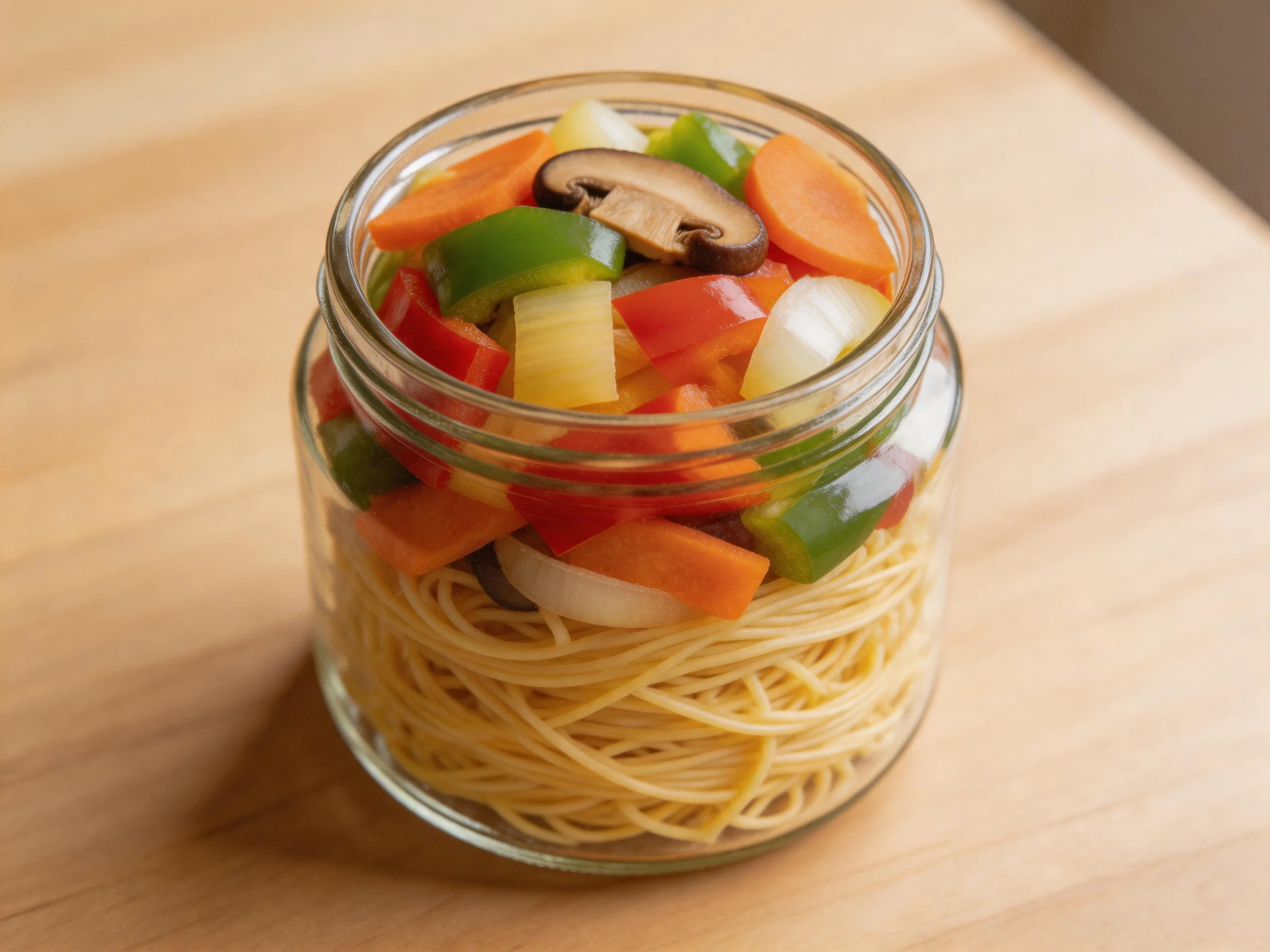 Glass jar filled with noodles and vibrant mixed vegetables