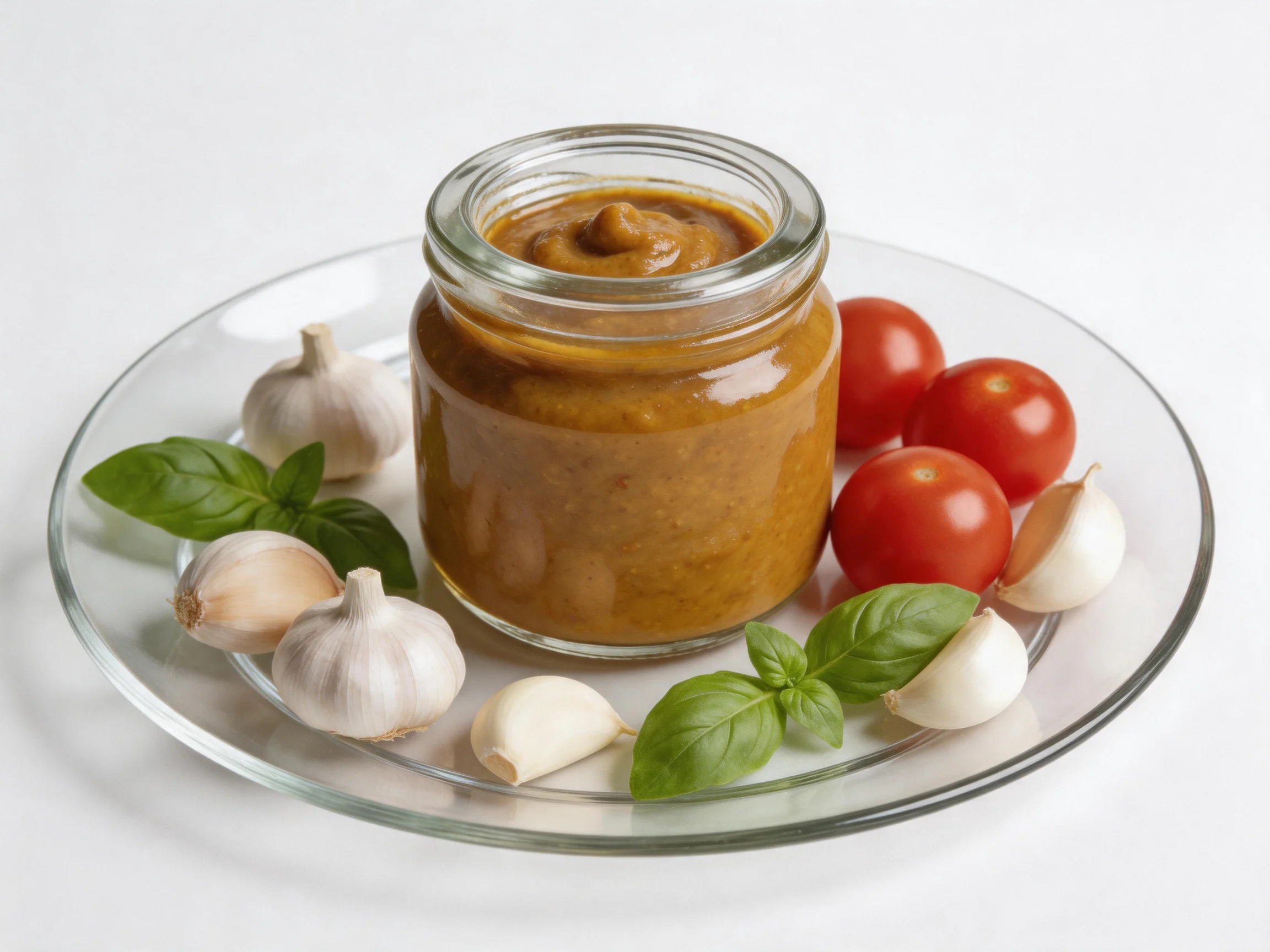 Glass jar of brown sauce with cherry tomatoes, garlic cloves, and basil leaves