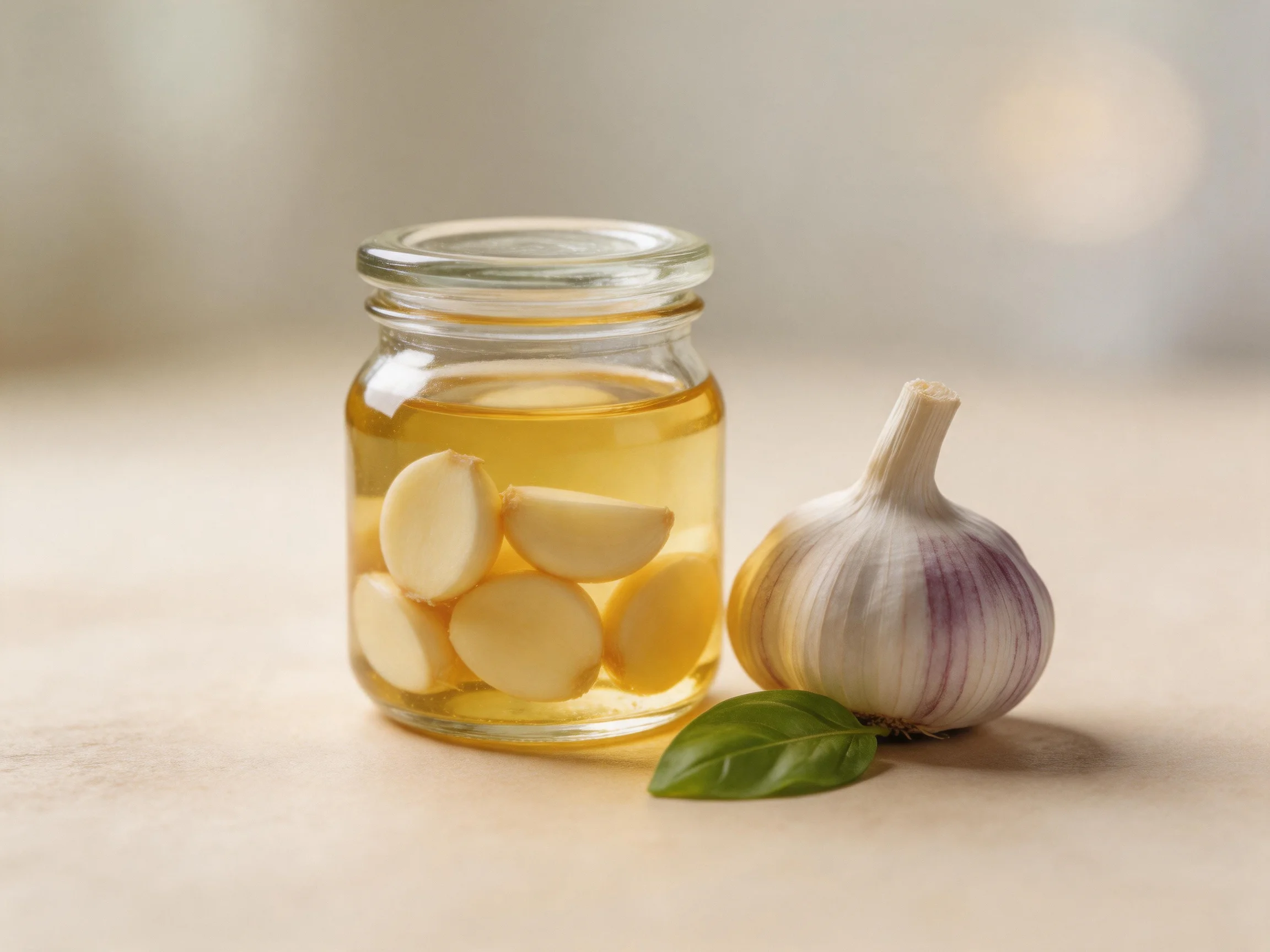 Glass jar of pickled garlic cloves beside whole garlic bulb