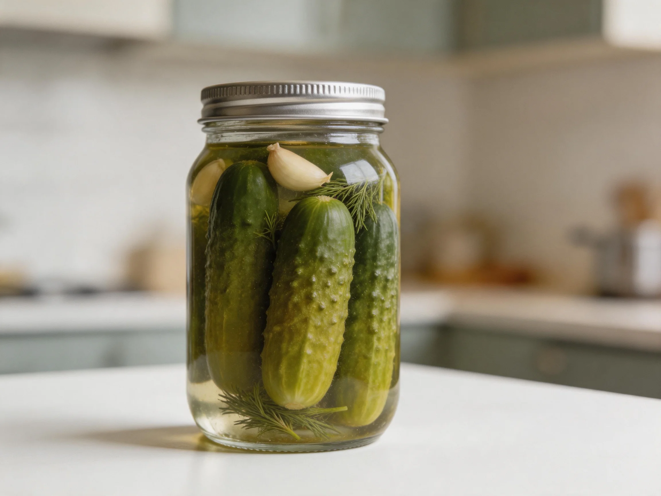 Glass jar with pickled cucumbers, garlic, and dill on a kitchen counter