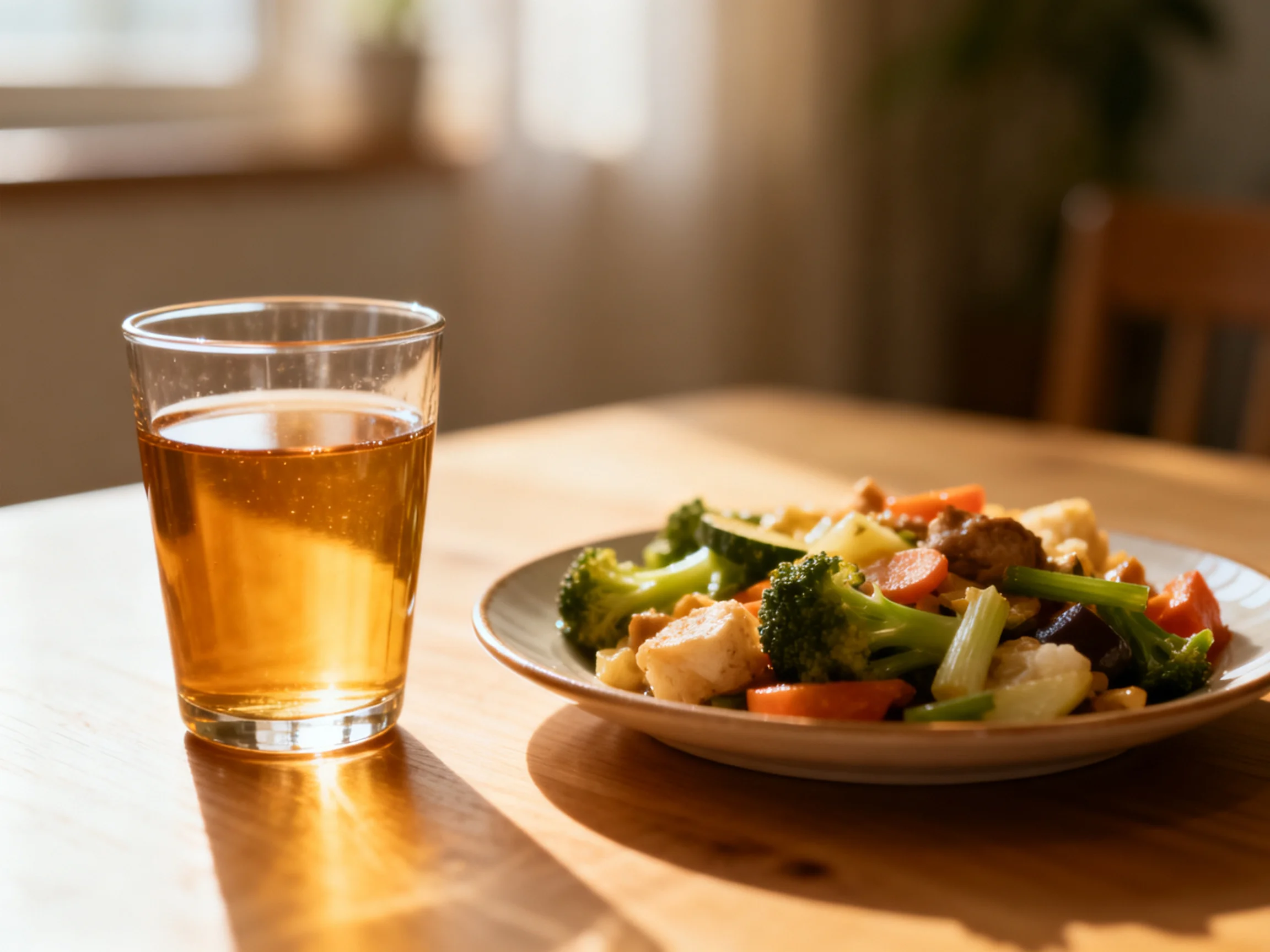 Glass of amber liquid beside a mixed vegetable and protein dish on a wooden table