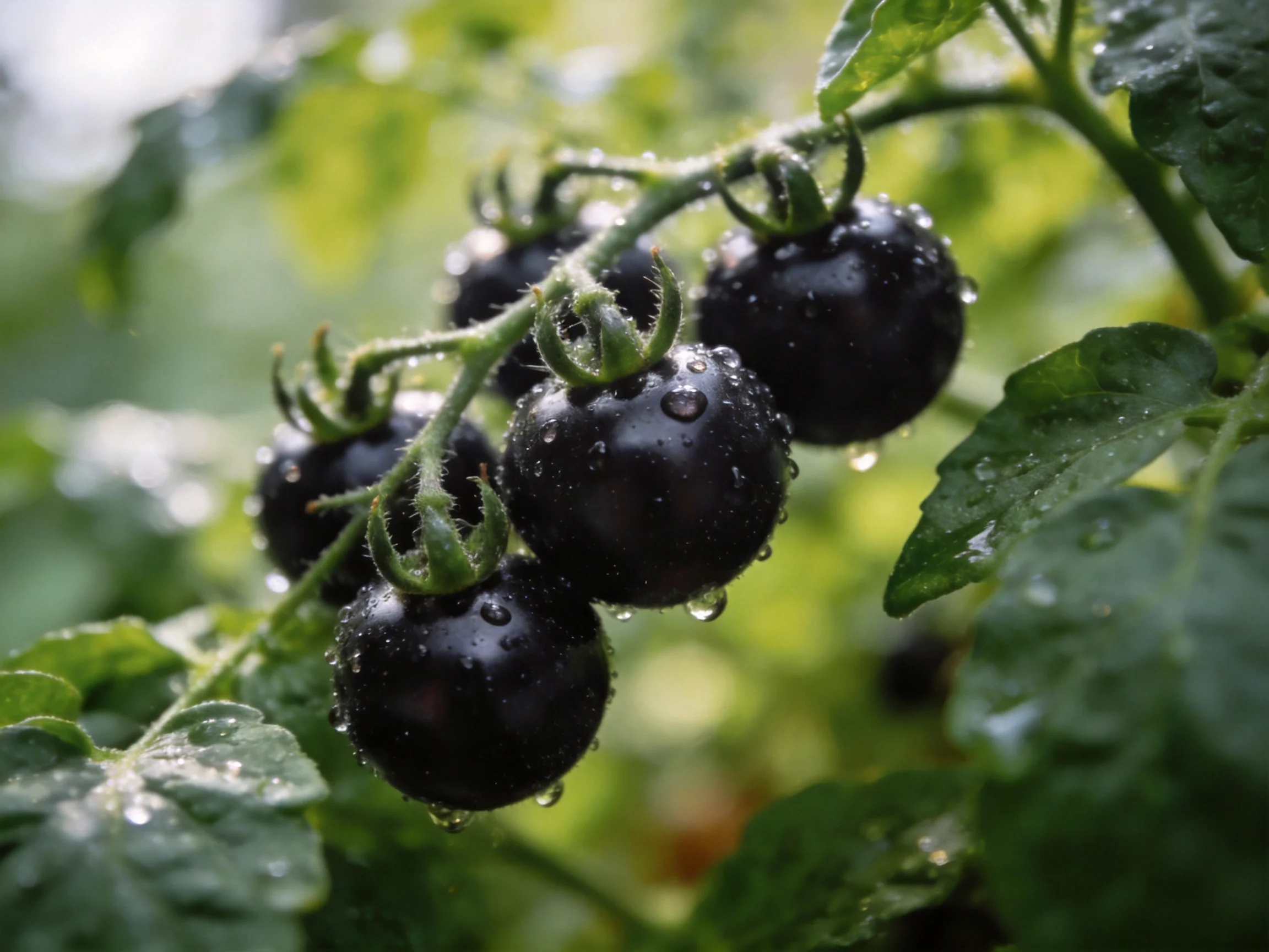 Glossy black cherry tomatoes with water droplets on leafy vine