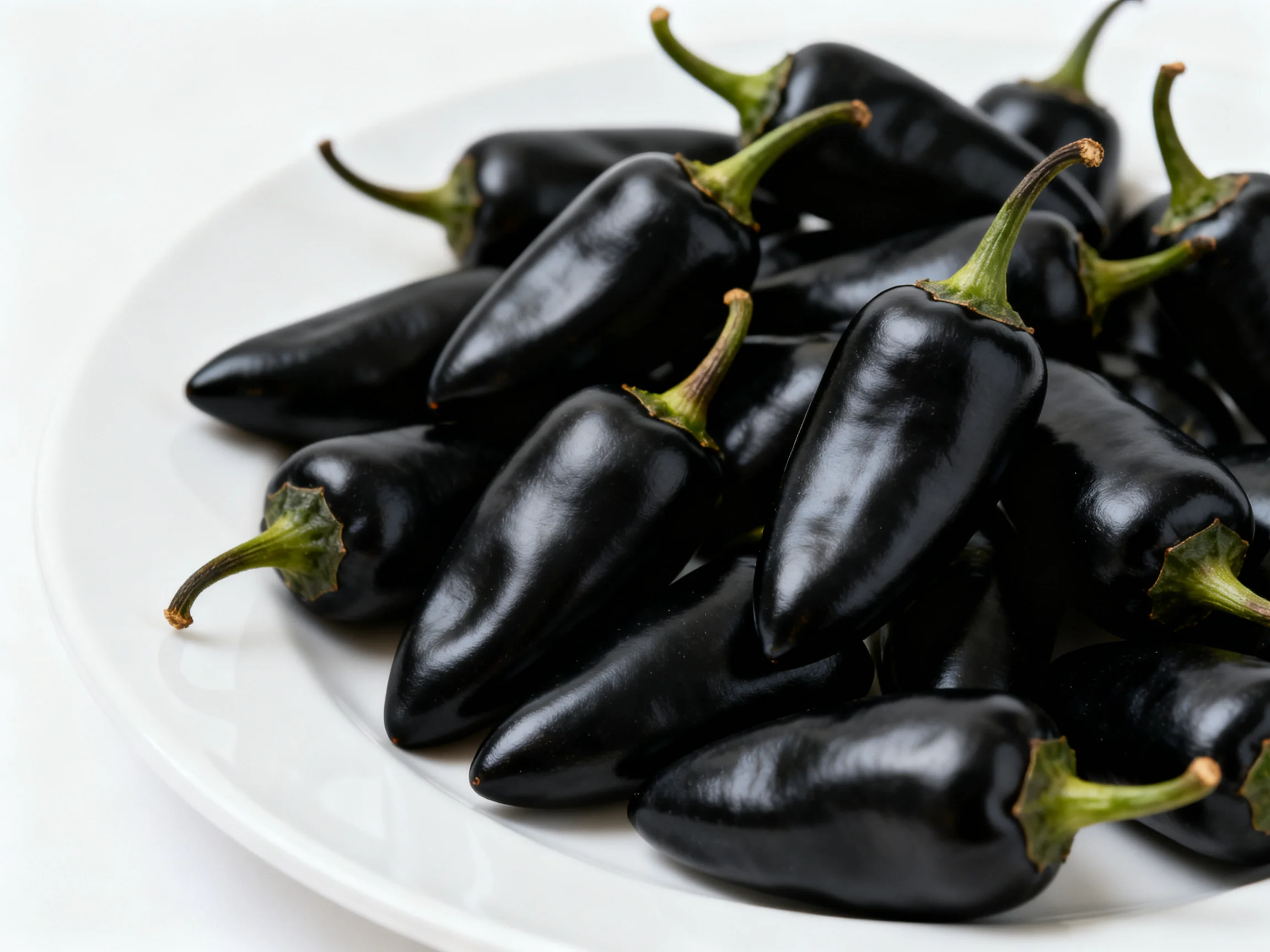 Glossy black chili peppers piled on a white plate