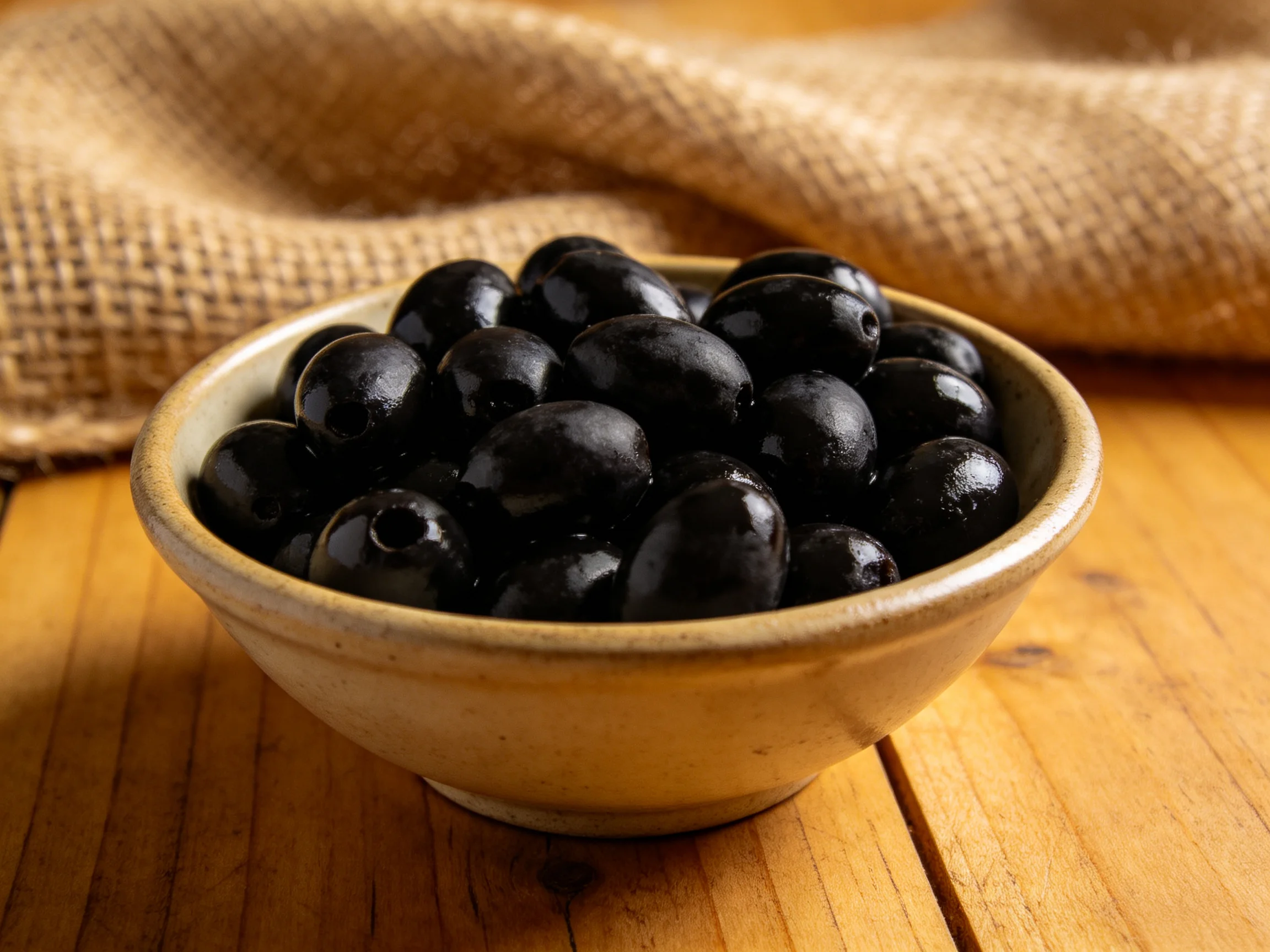 Glossy black olives fill a ceramic bowl on a wooden table near a burlap cloth