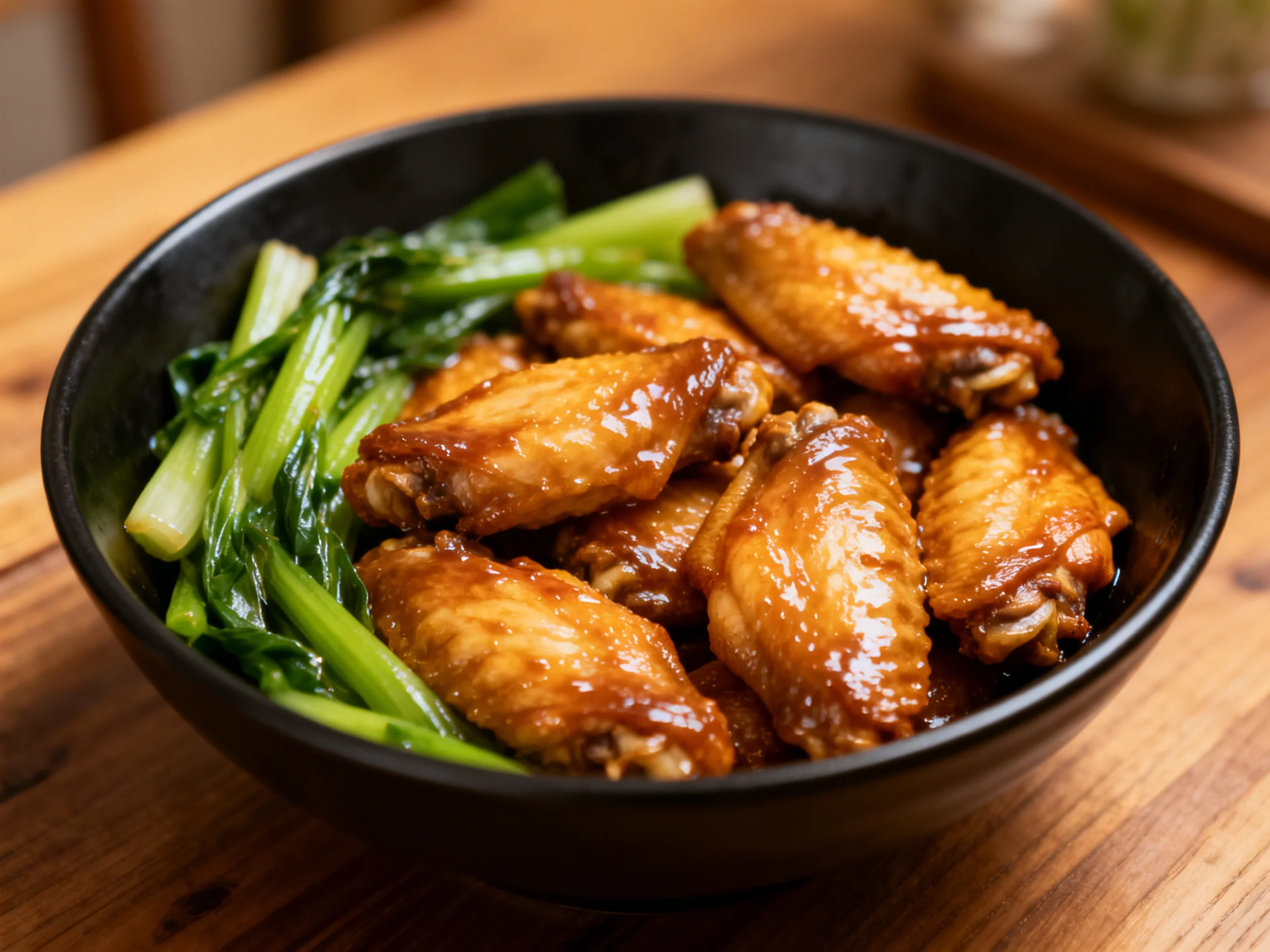Glossy chicken wings and vibrant green vegetables in a black bowl