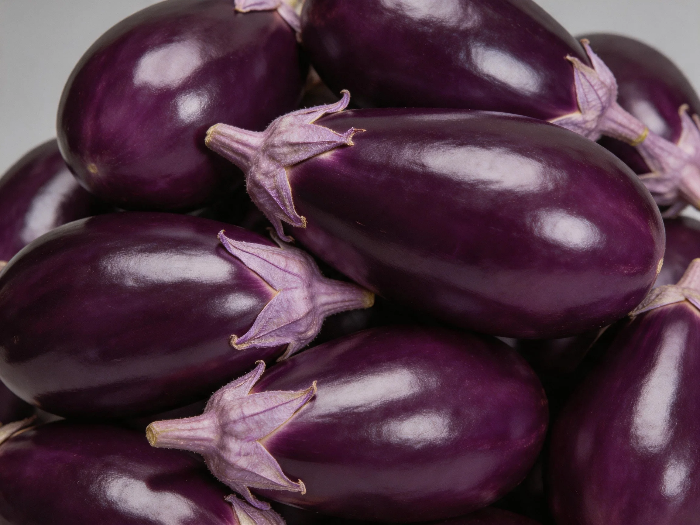 Glossy deep-purple eggplants piled together in a cluster