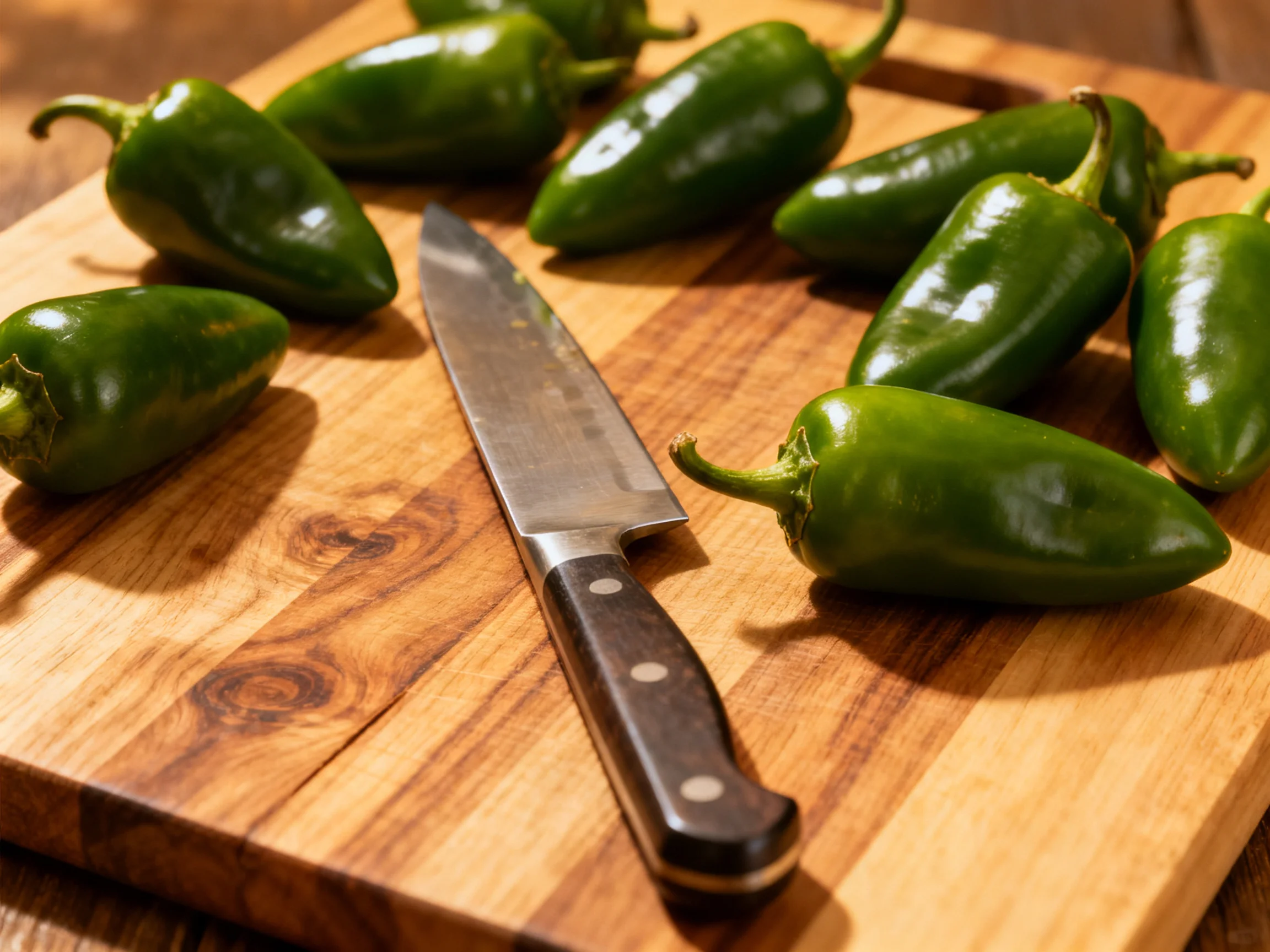 Glossy green jalapeno peppers surround a chefs knife on a wooden cutting board