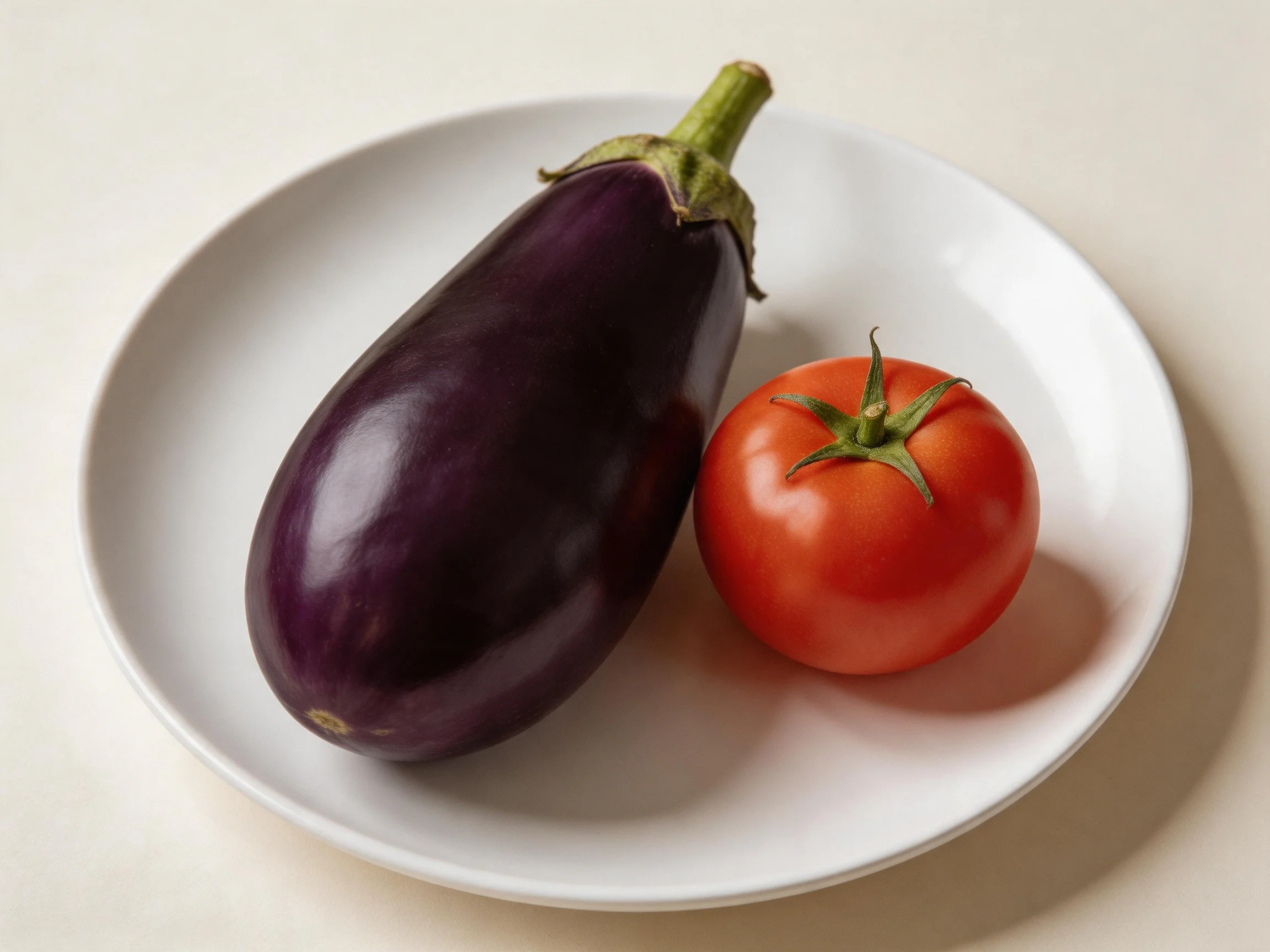 Glossy purple eggplant and vibrant red tomato on a plain white plate