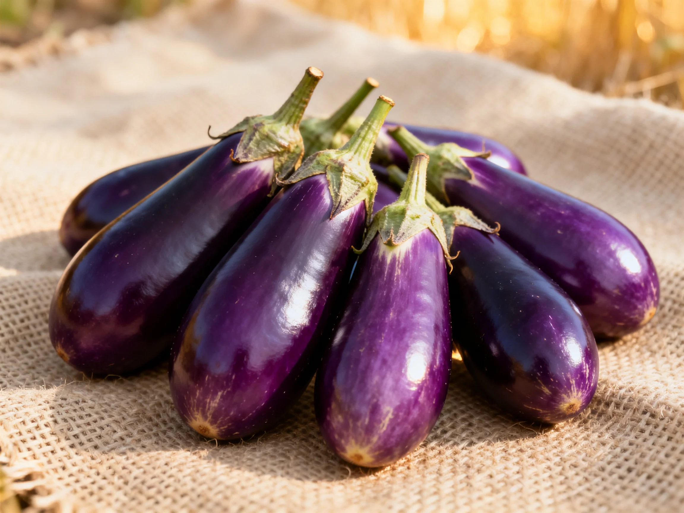 Glossy purple eggplants clustered on burlap cloth in natural light