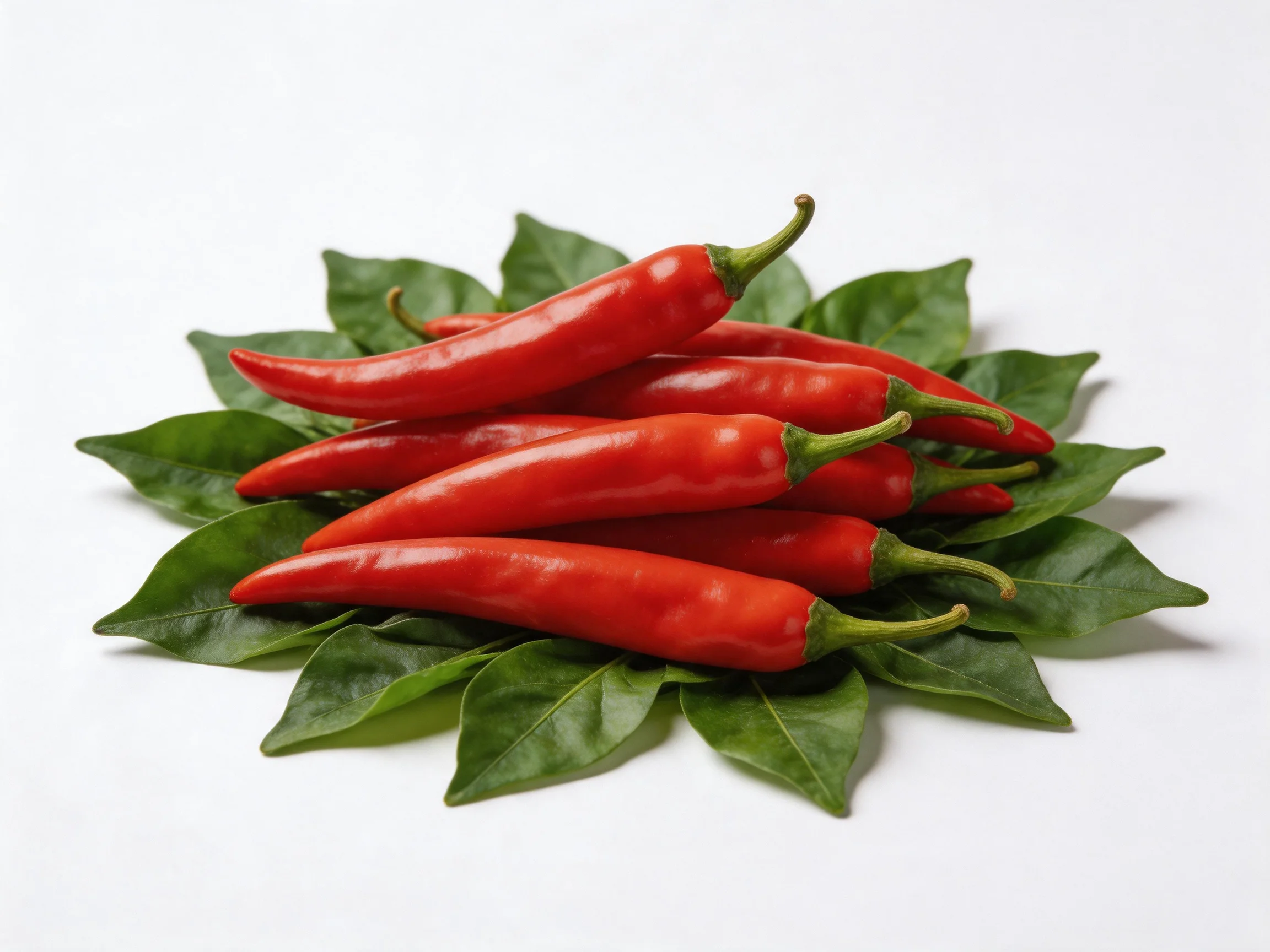 Glossy red chili peppers arranged on fresh green leaves