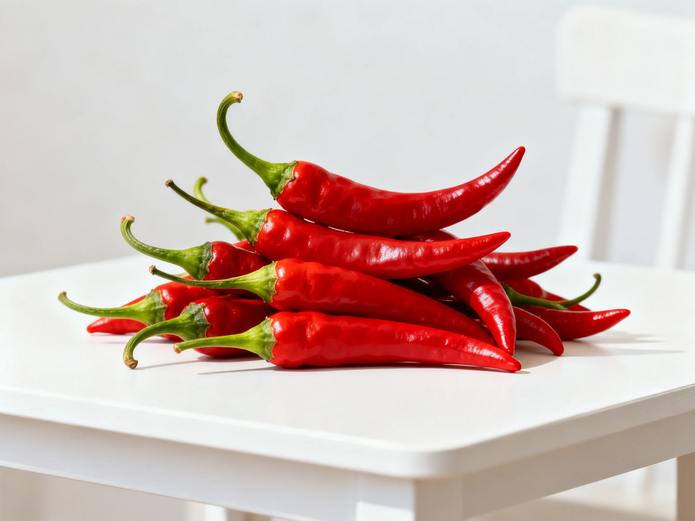 Glossy red chili peppers stacked on a white table