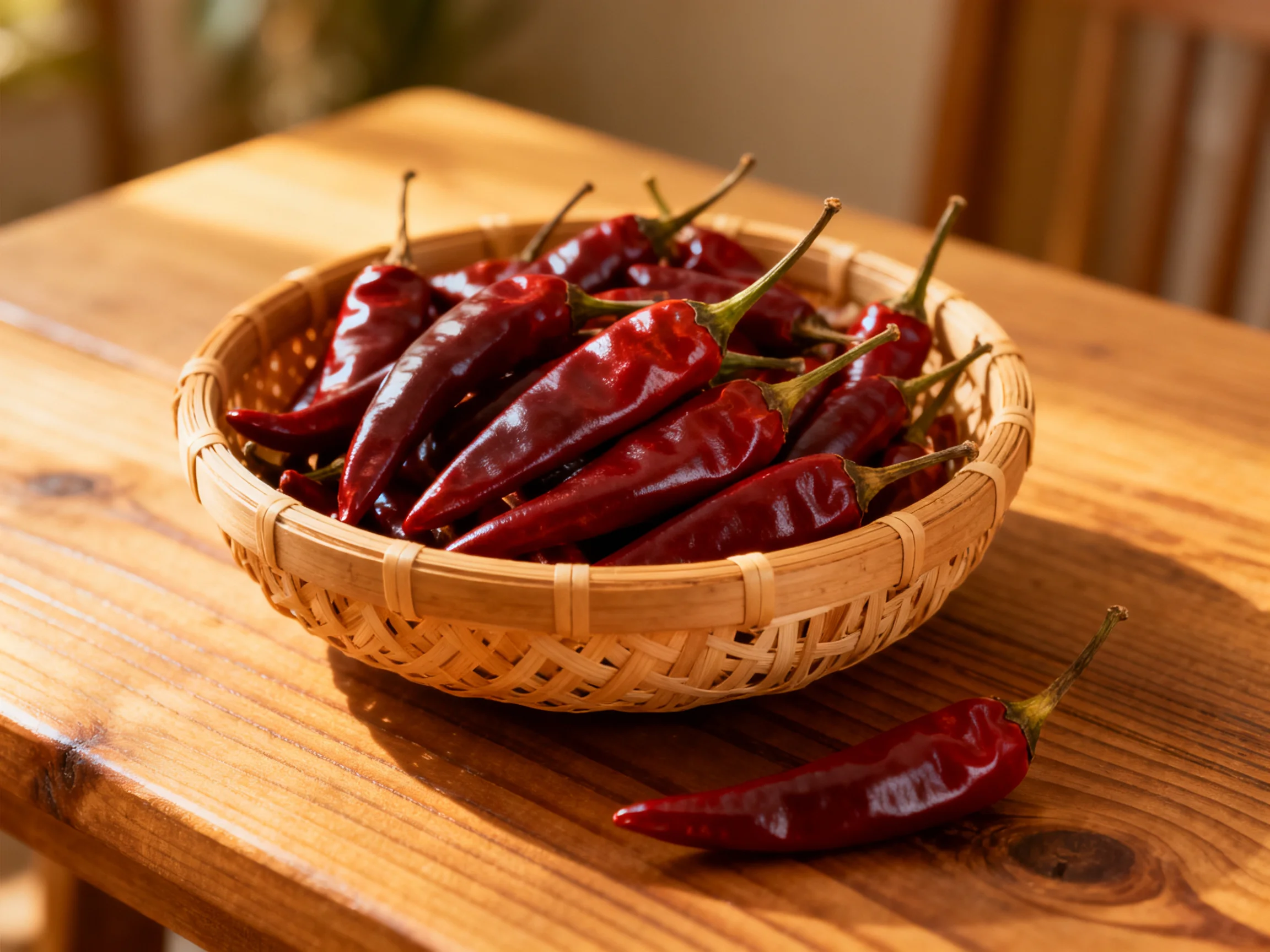 Glossy red dried chili peppers fill a woven basket atop a polished wooden table