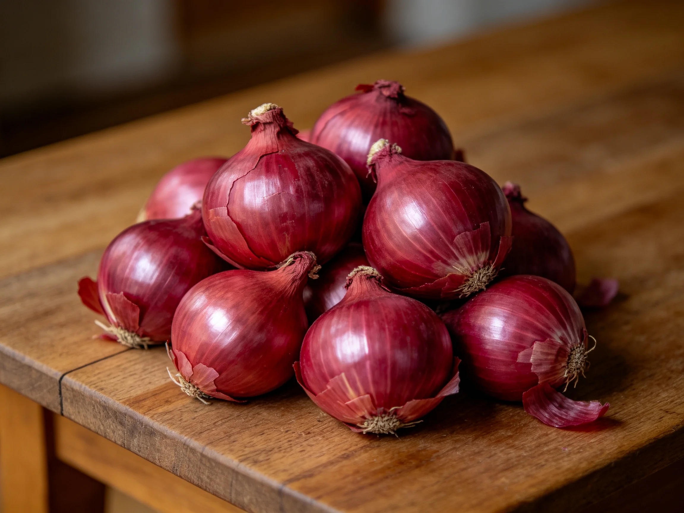 Glossy red onions piled high on a wooden table