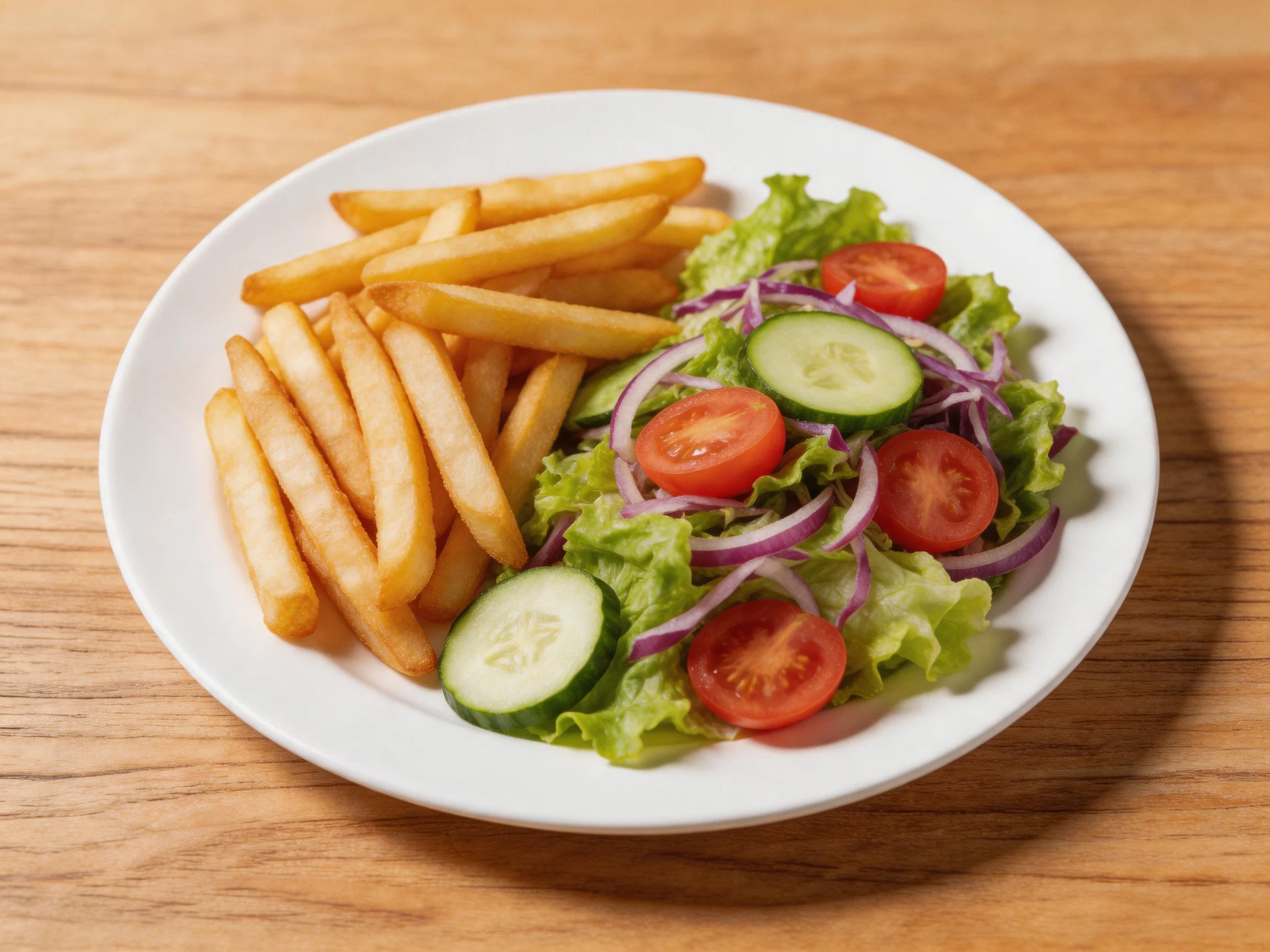 Golden French fries and fresh vegetable salad served on a white plate over wood