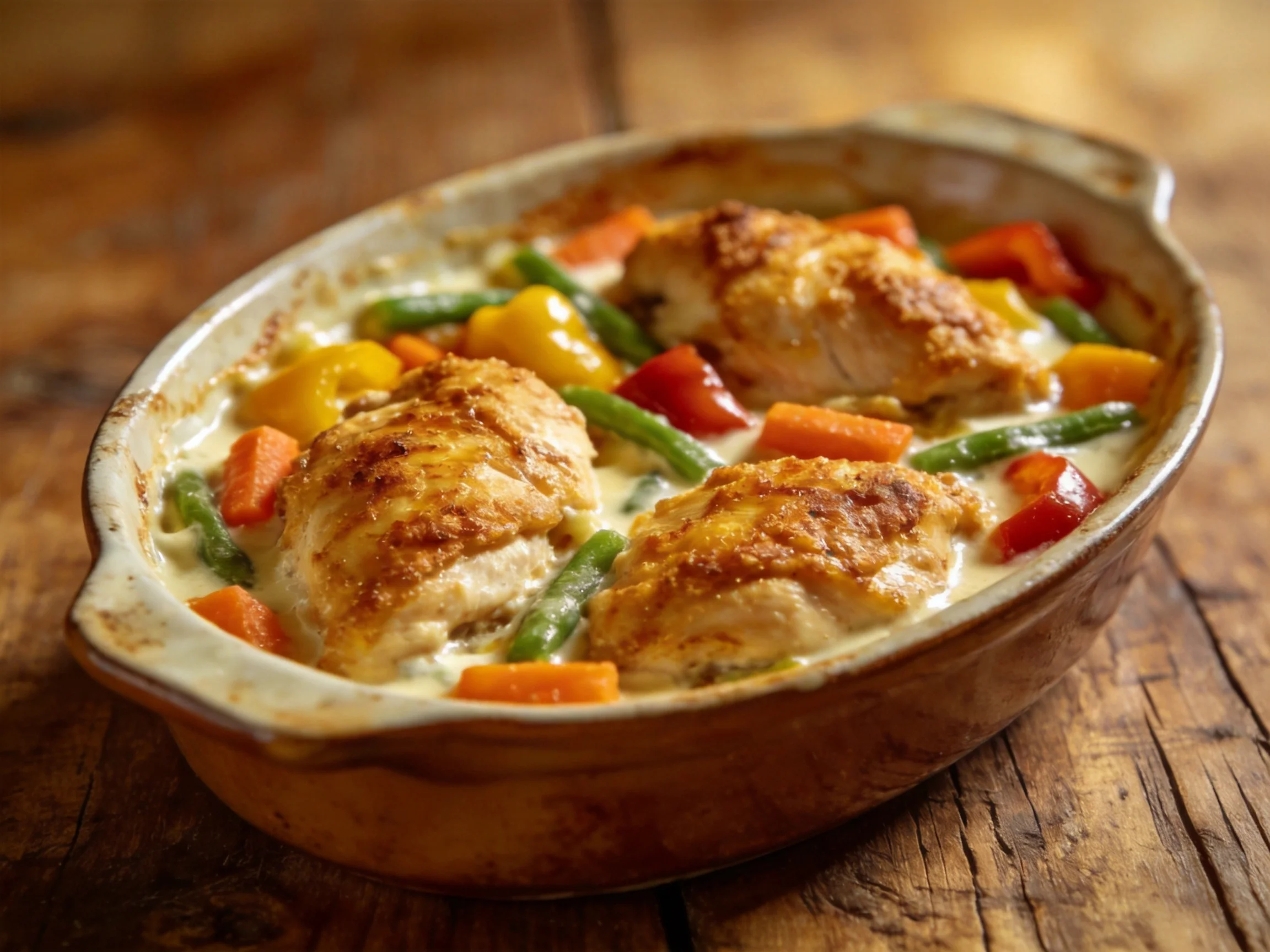 Golden-brown baked chicken with colorful mixed vegetables in creamy sauce