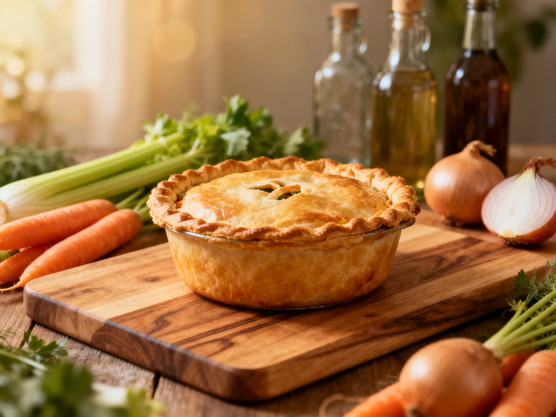 Golden-brown baked pie with fresh vegetables and glass bottles