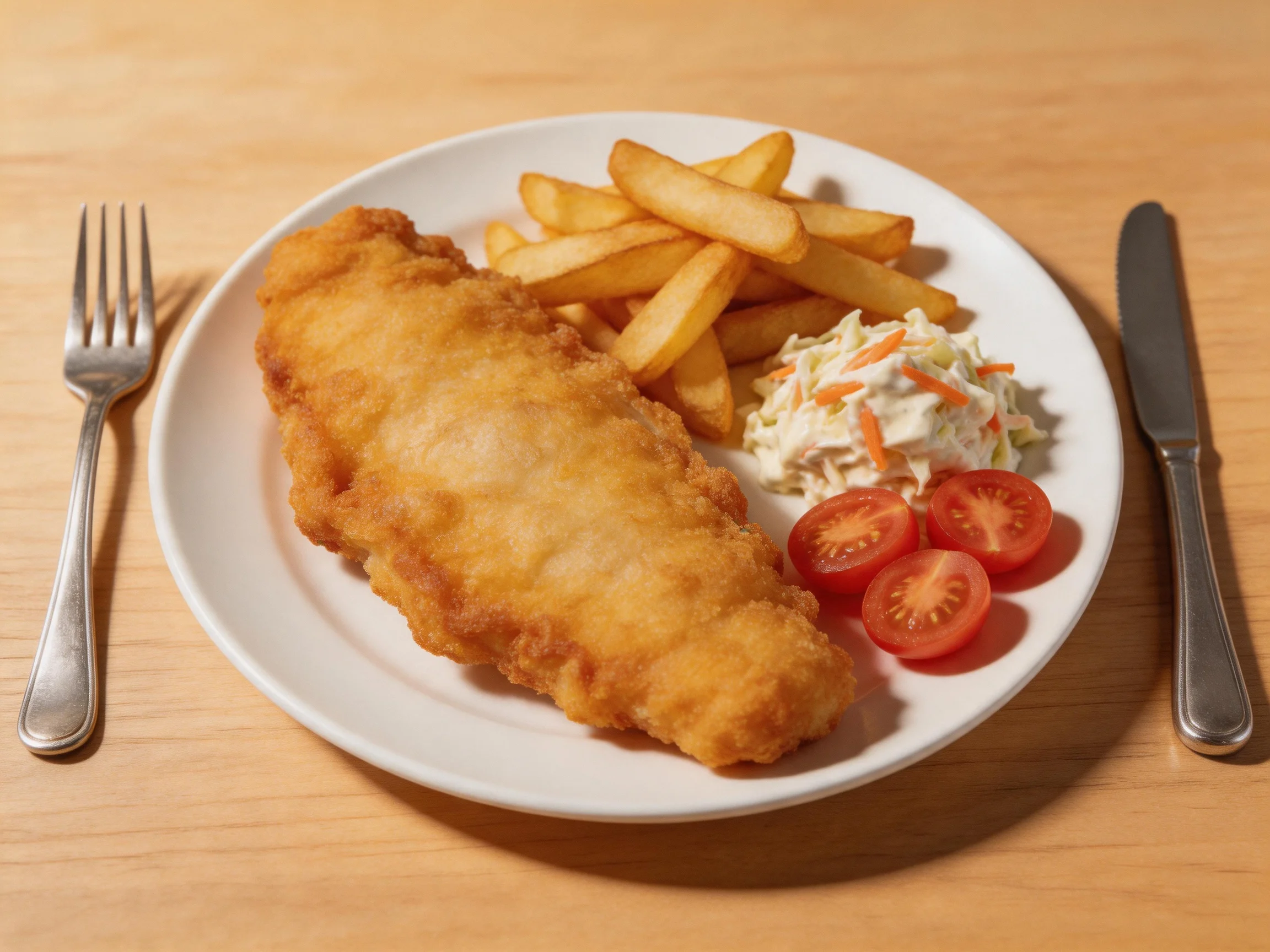 Golden-brown battered fish fillet with thick-cut fries, coleslaw, and cherry tomato slices on a white