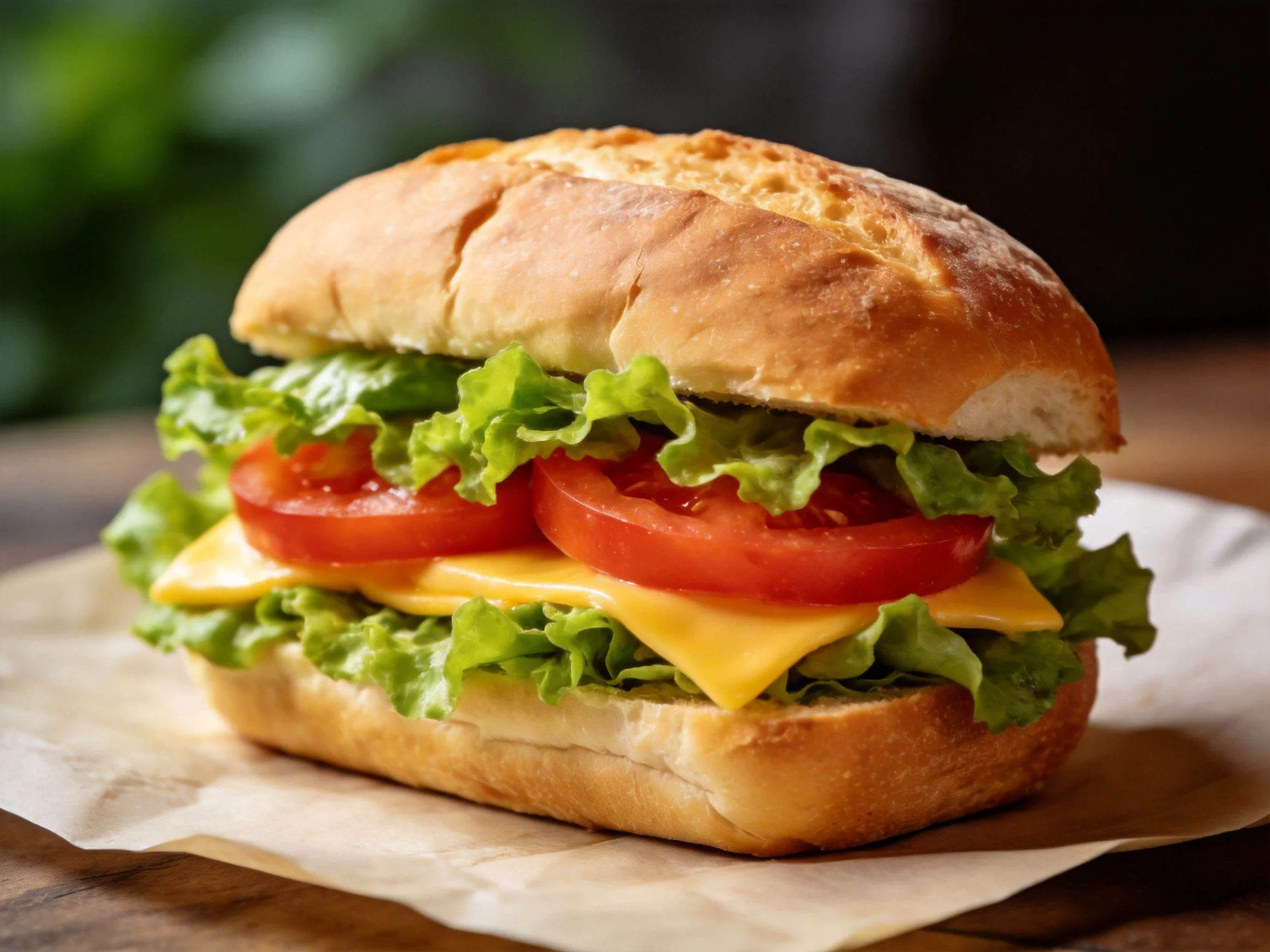 Golden-brown bun sandwich with fresh green lettuce, red tomatoes, and yellow cheese