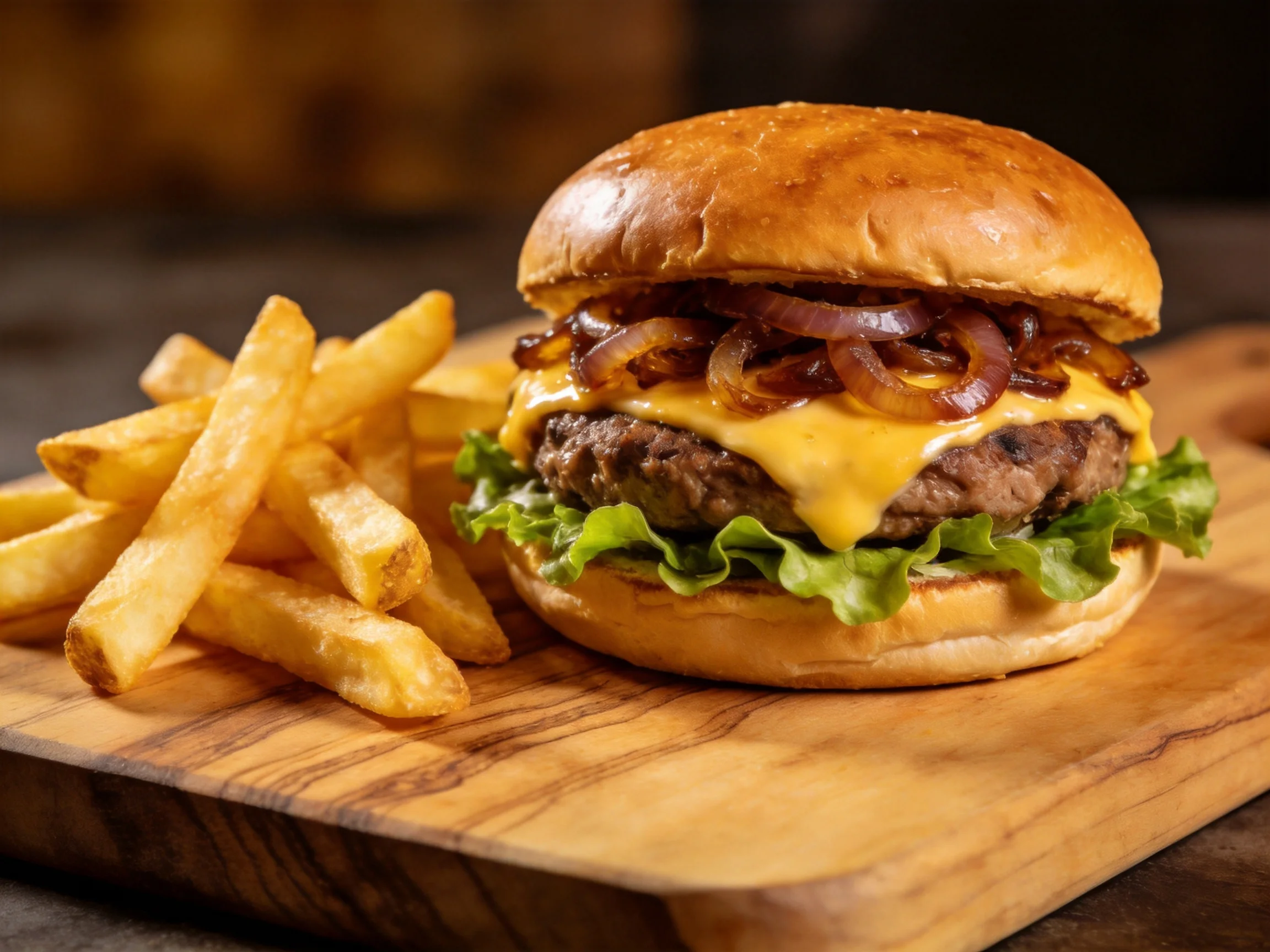 Golden-brown burger with melted cheese, caramelized onions, and crispy fries