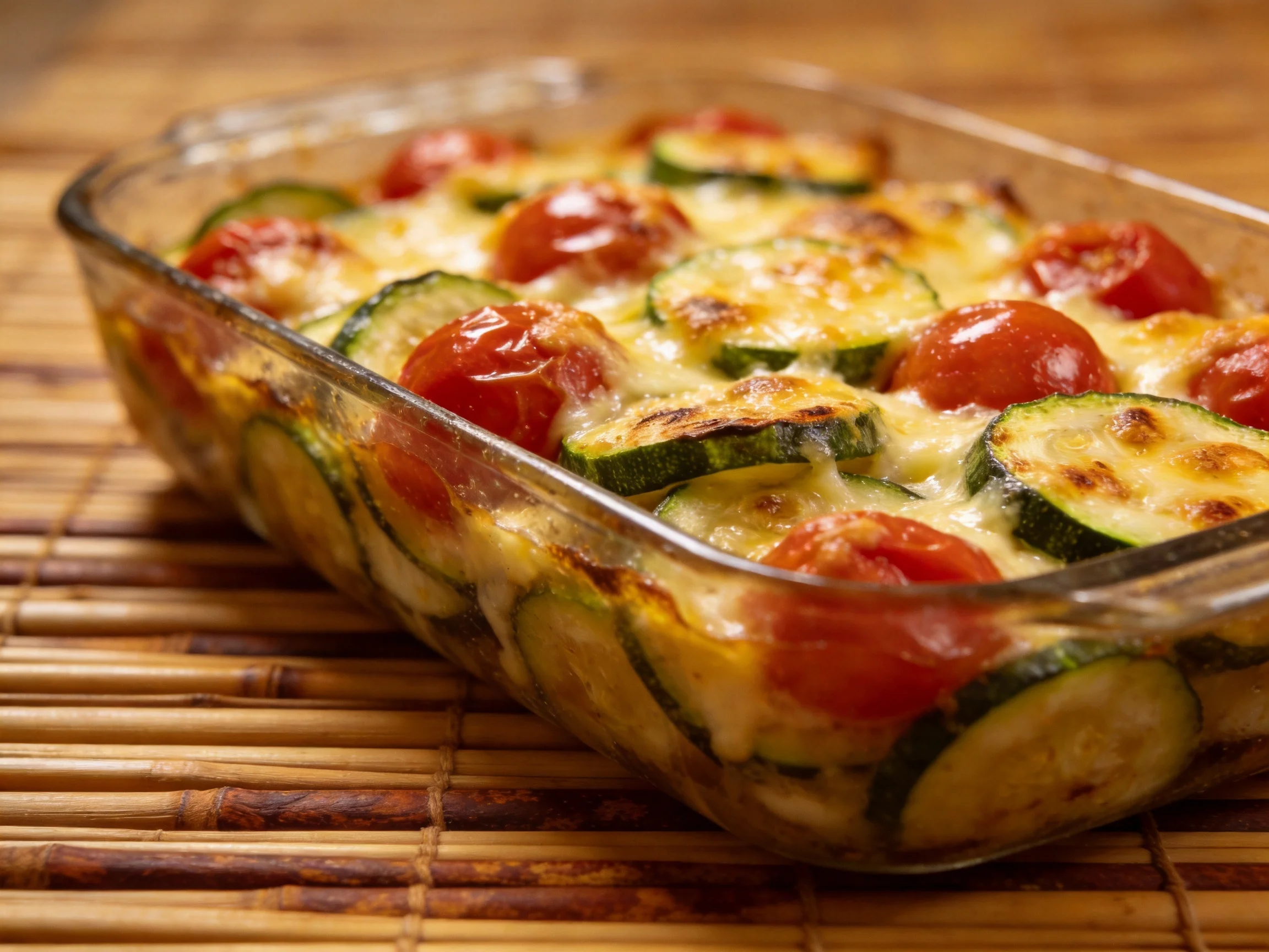 Golden-brown cheesy vegetable bake with zucchini and cherry tomatoes