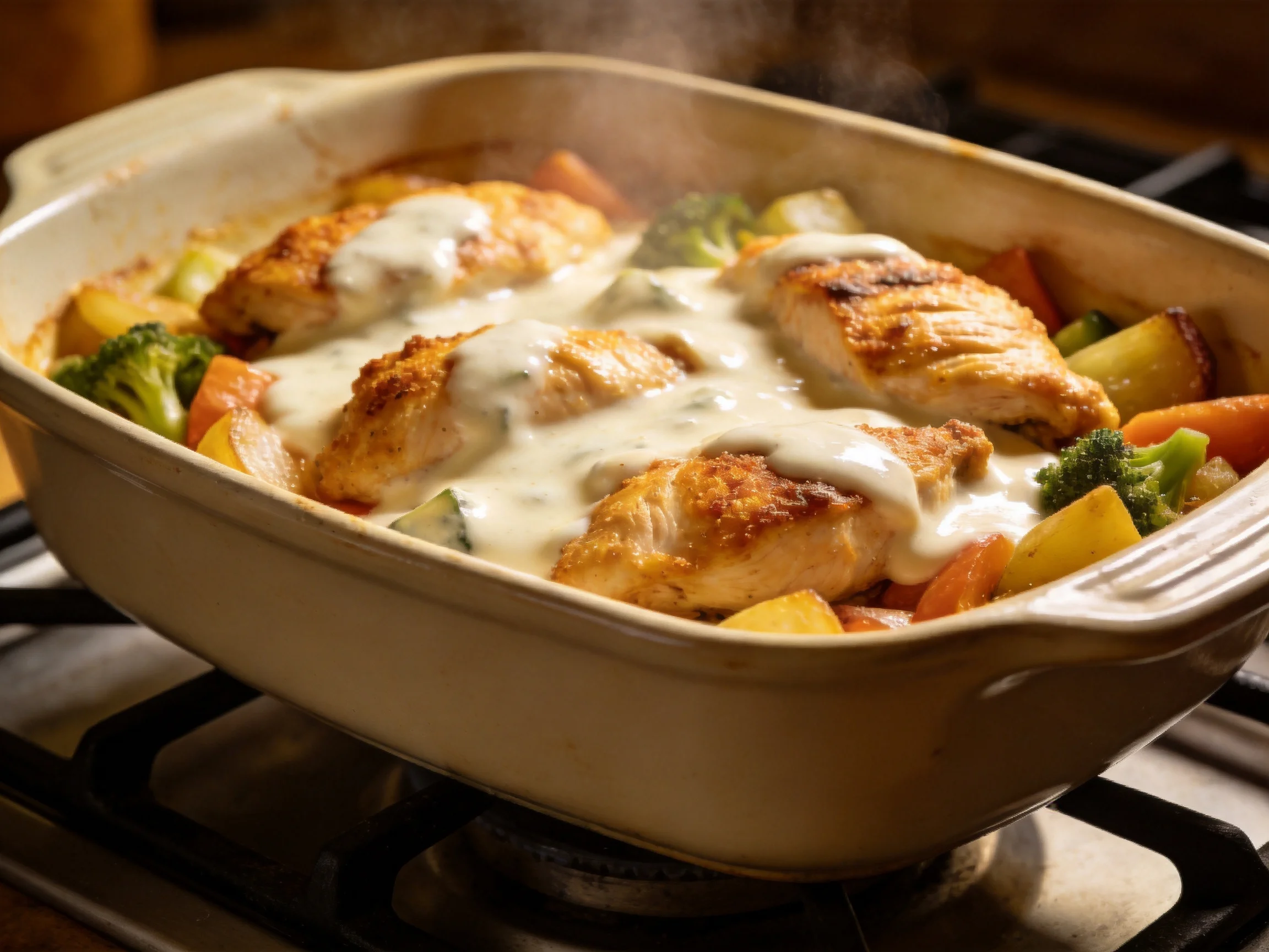 Golden-brown chicken bake with assorted vegetables and creamy sauce