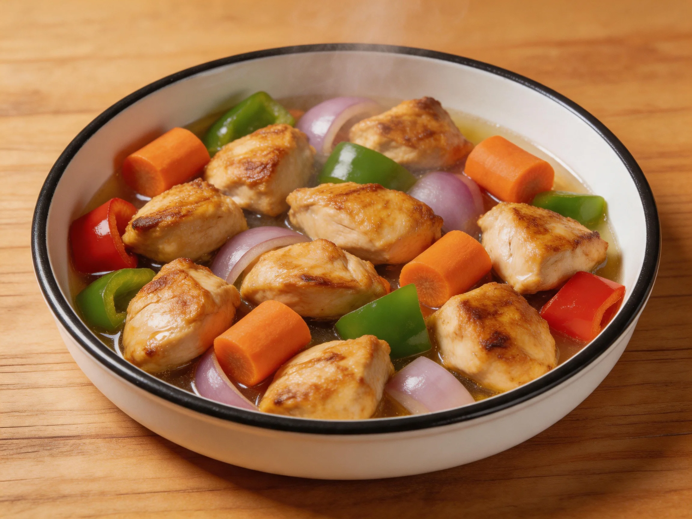Golden-brown chicken stew with carrots, bell peppers, and onions in a white bowl