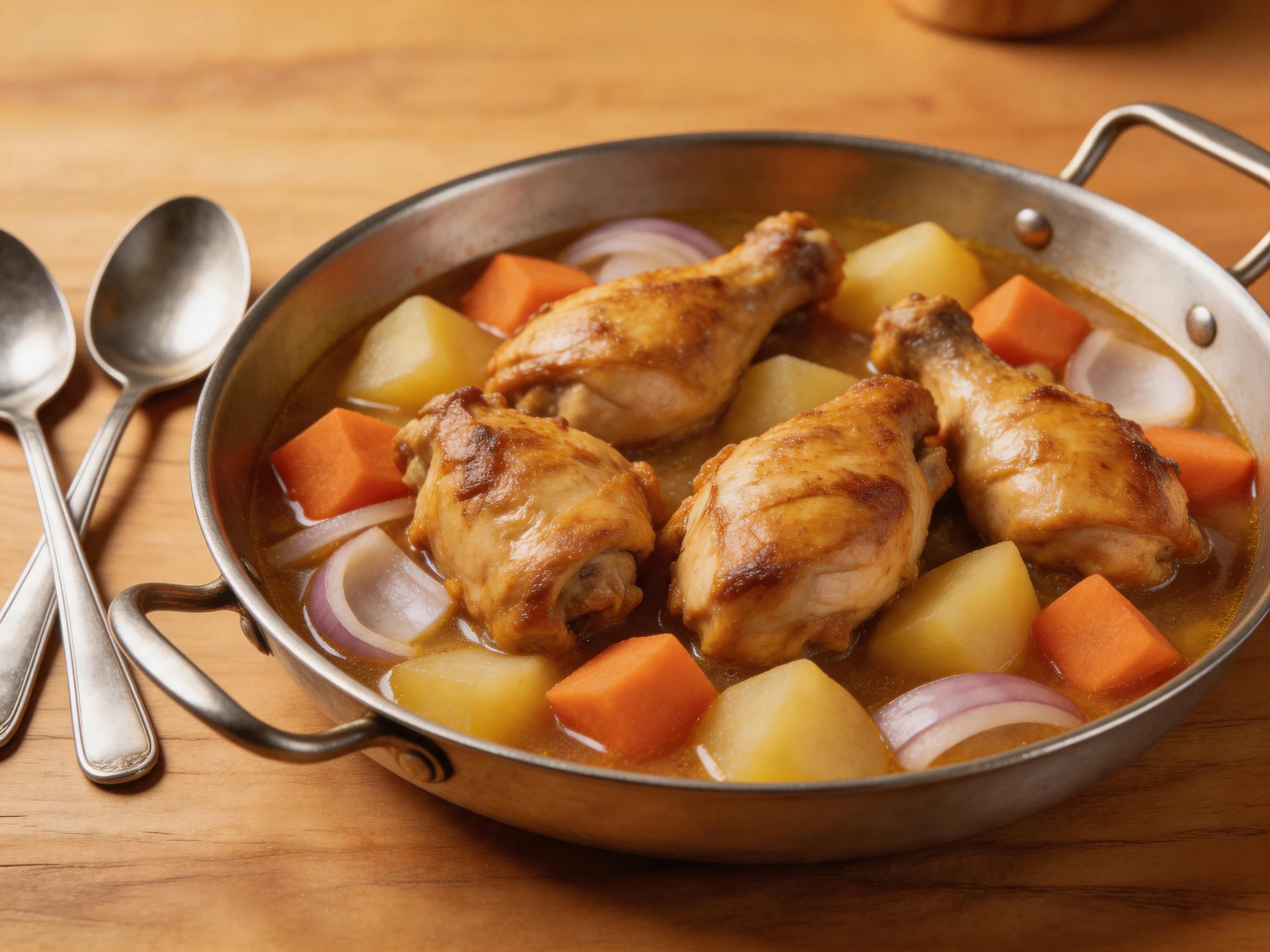 Golden-brown chicken stew with carrots, potatoes, and onions in a metal pan
