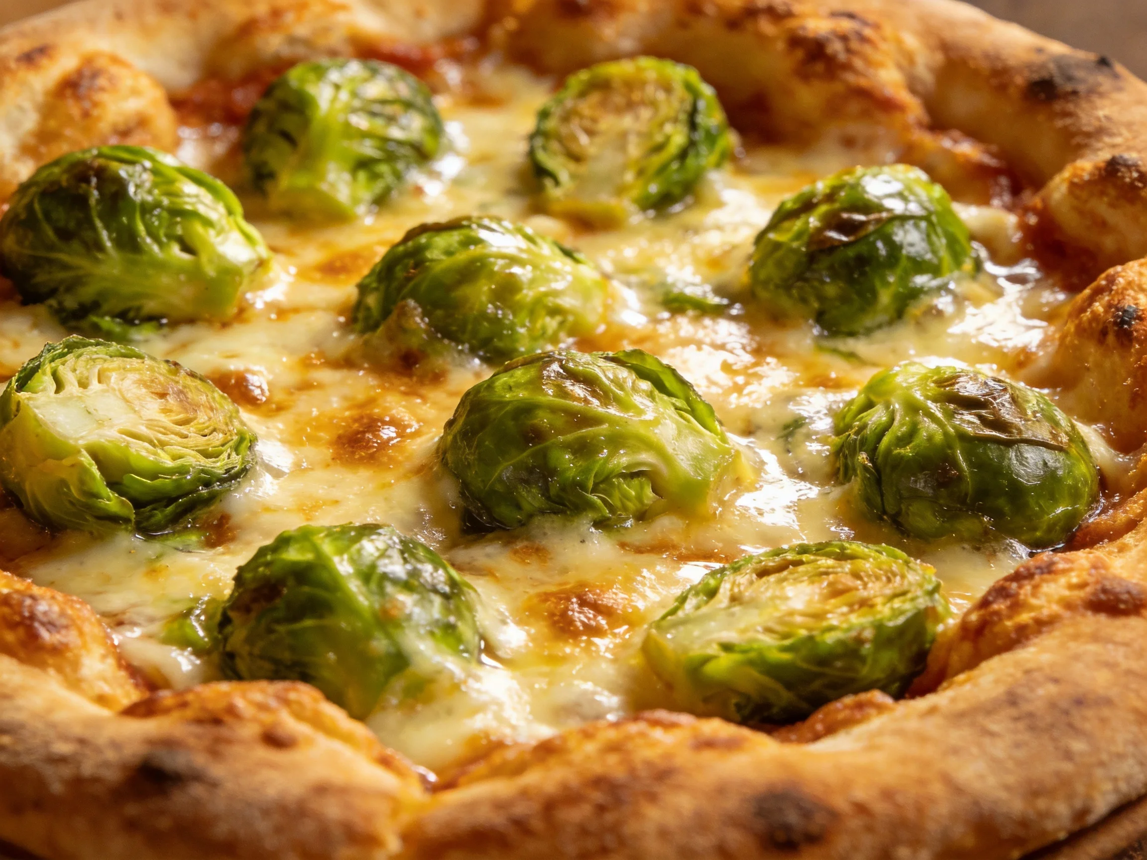 Golden-brown crust pizza topped with roasted Brussels sprouts and melted cheese