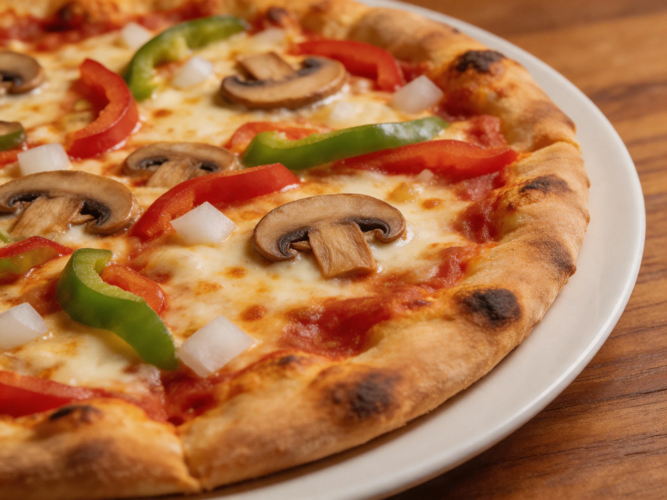 Golden-brown crust pizza with mushroom, pepper, and onion toppings
