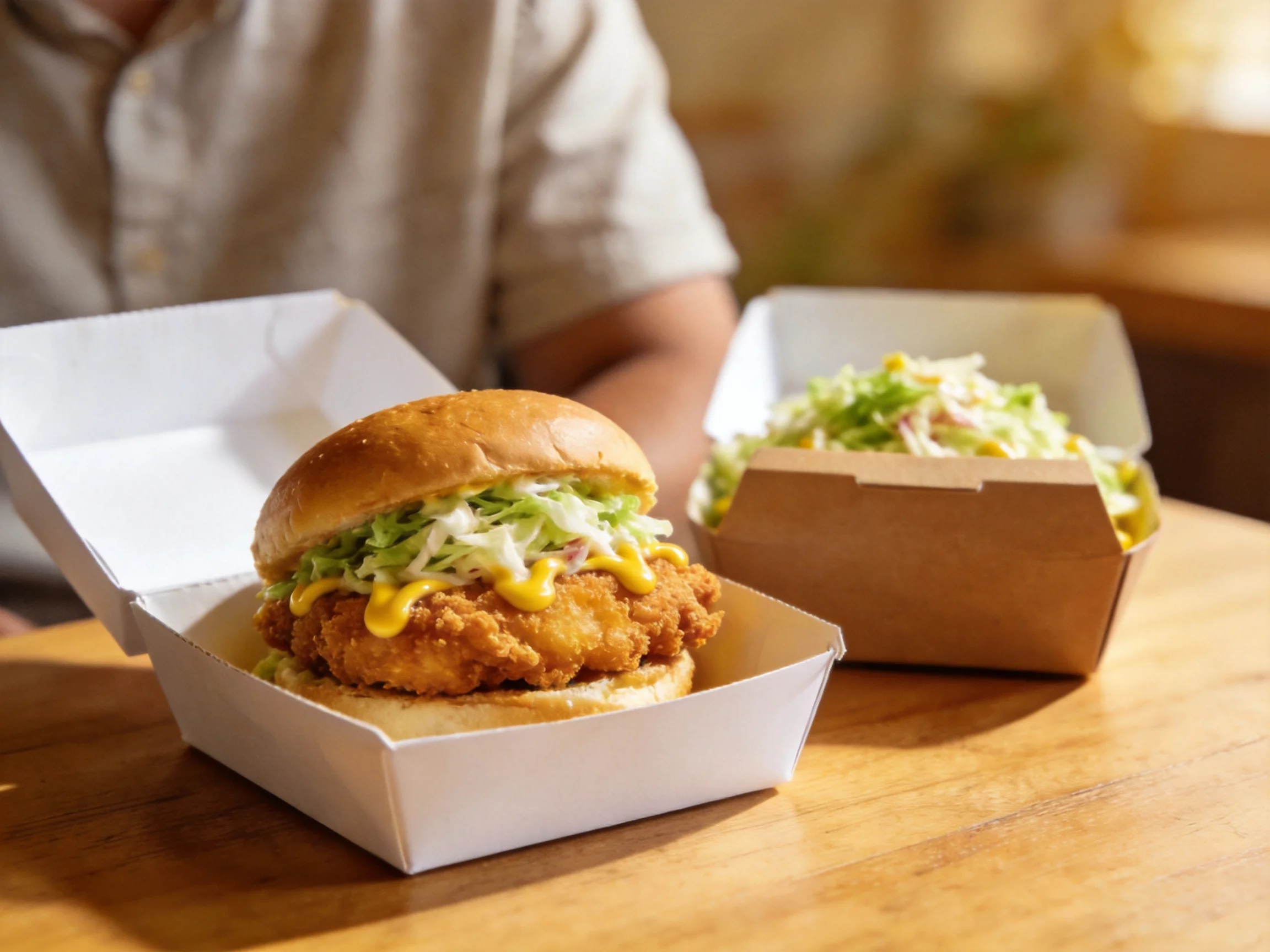 Golden-brown fried chicken sandwich with slaw in white takeout box beside coleslaw in brown box
