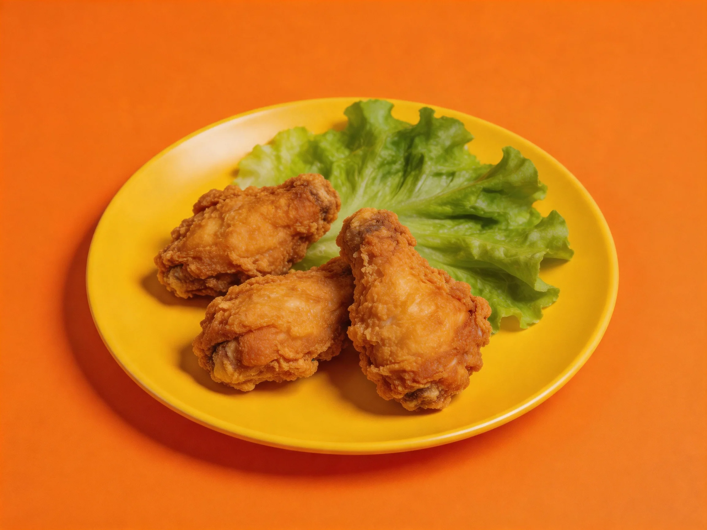 Golden-brown fried chicken wings served on a bright yellow plate with green lettuce