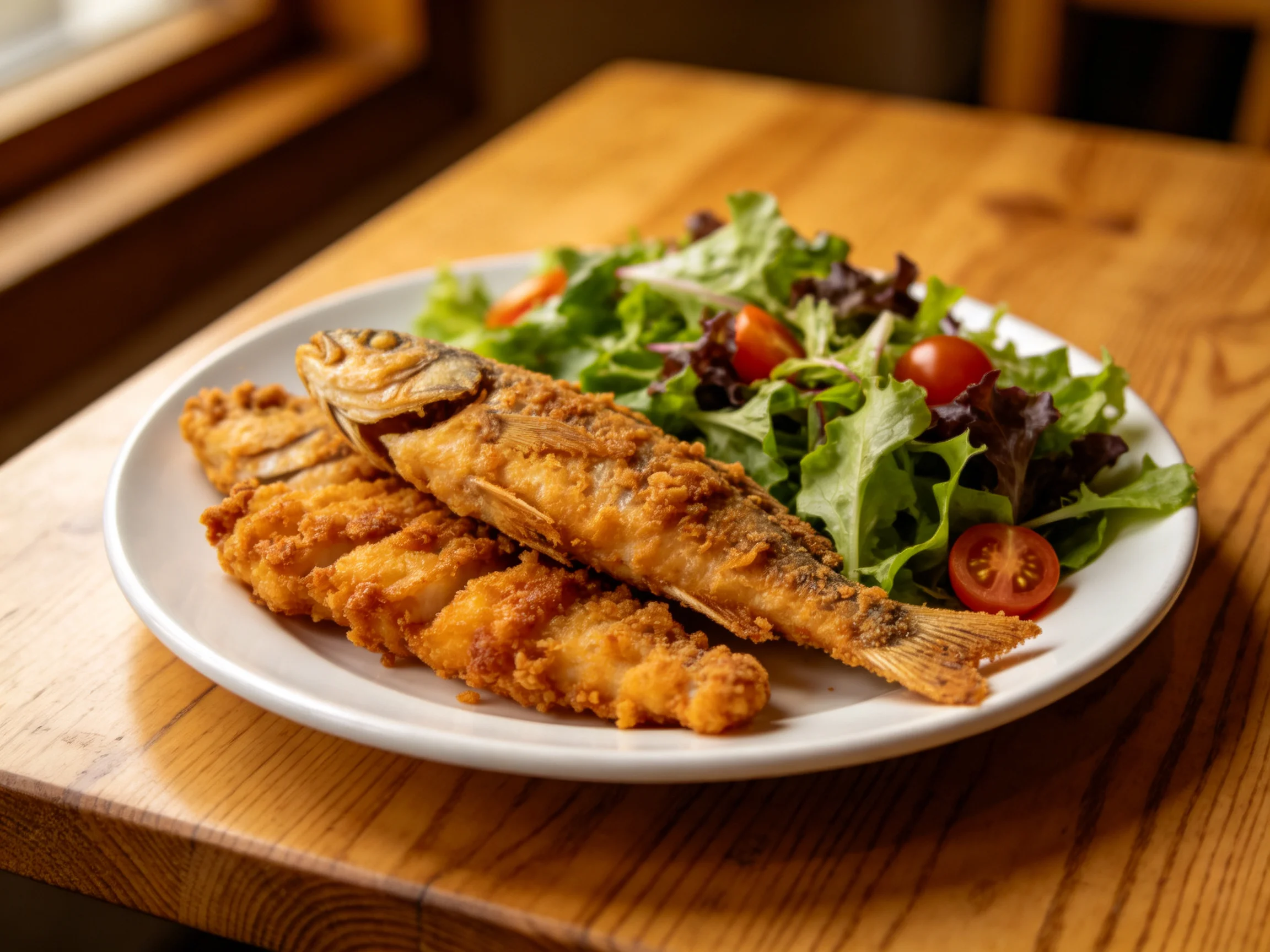 Golden-brown fried fish and mixed green salad on white plate