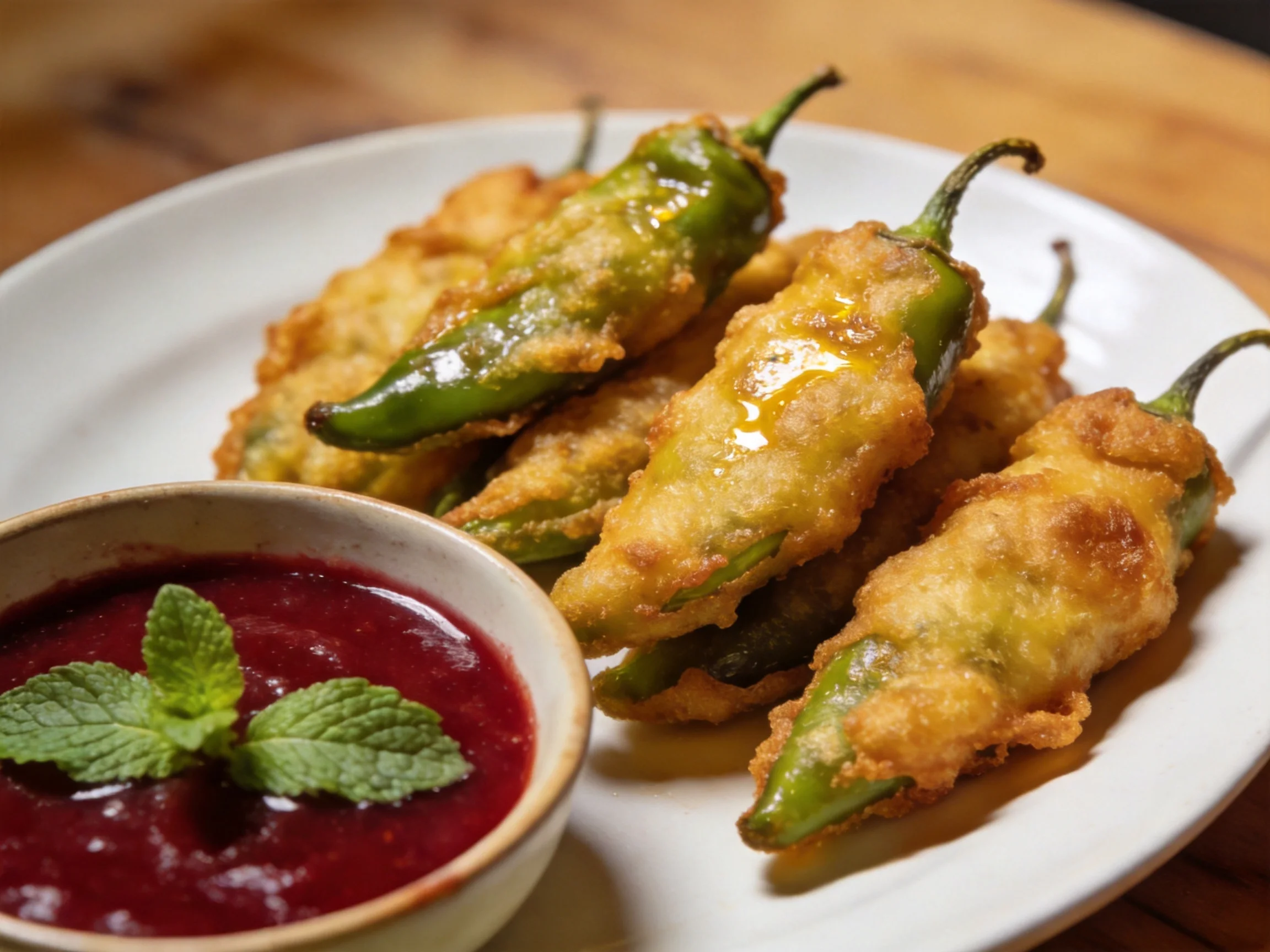 Golden-brown fried green chilies on white plate with berry dip