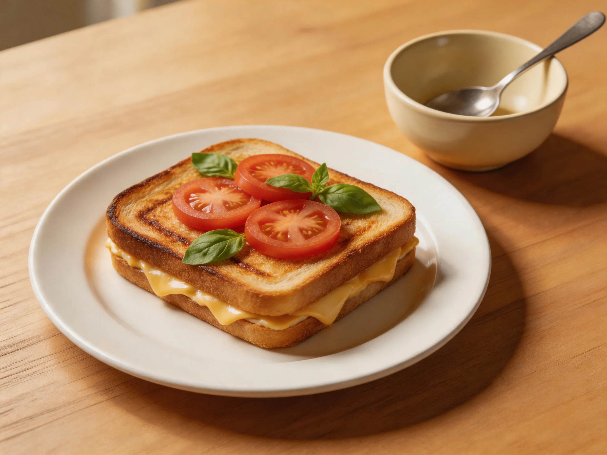 Golden-brown grilled cheese sandwich with tomato slices and basil