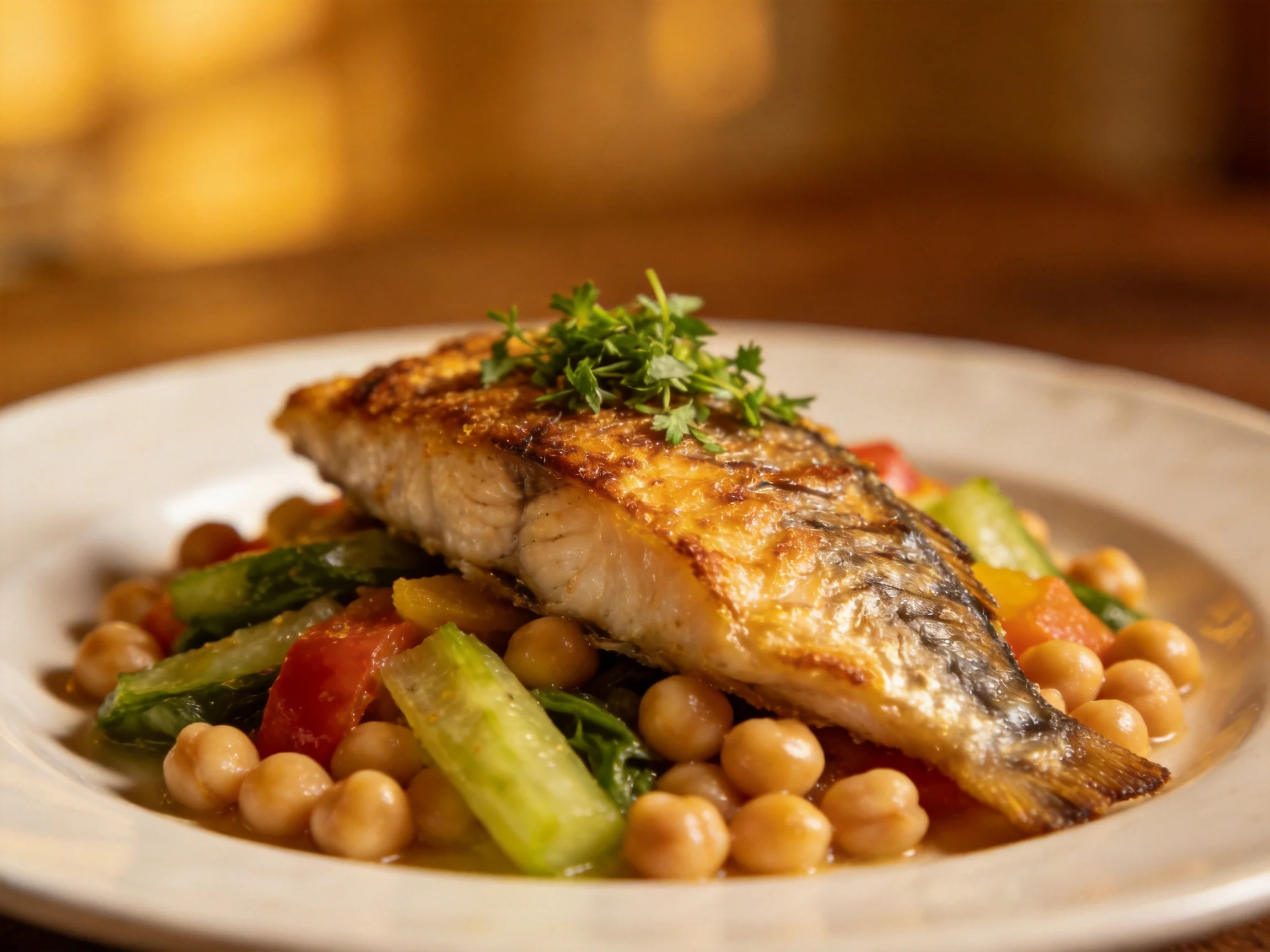 Golden-brown grilled fish atop chickpea vegetable medley with fresh herb garnish